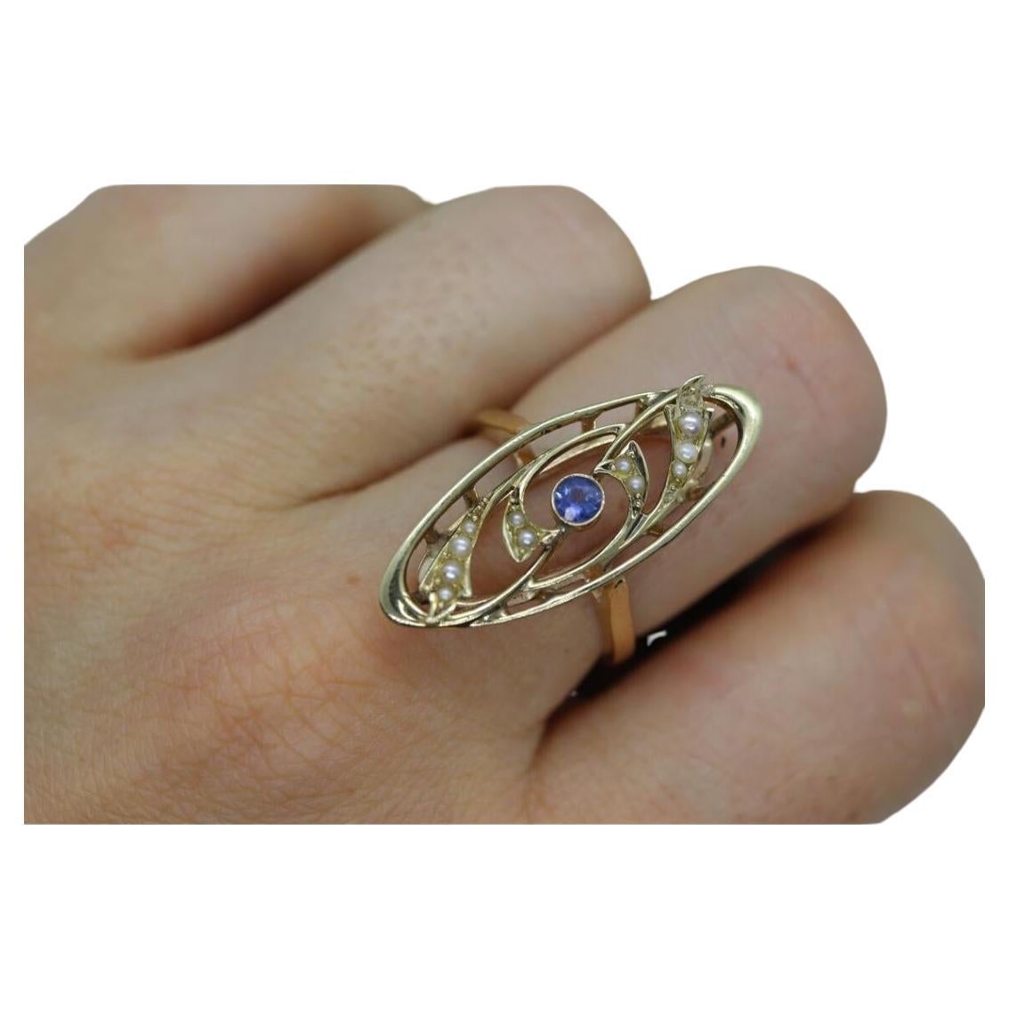 Antique shield ring. Sapphire pearl seed. 14k Filigree Open scroll ring. For Sale