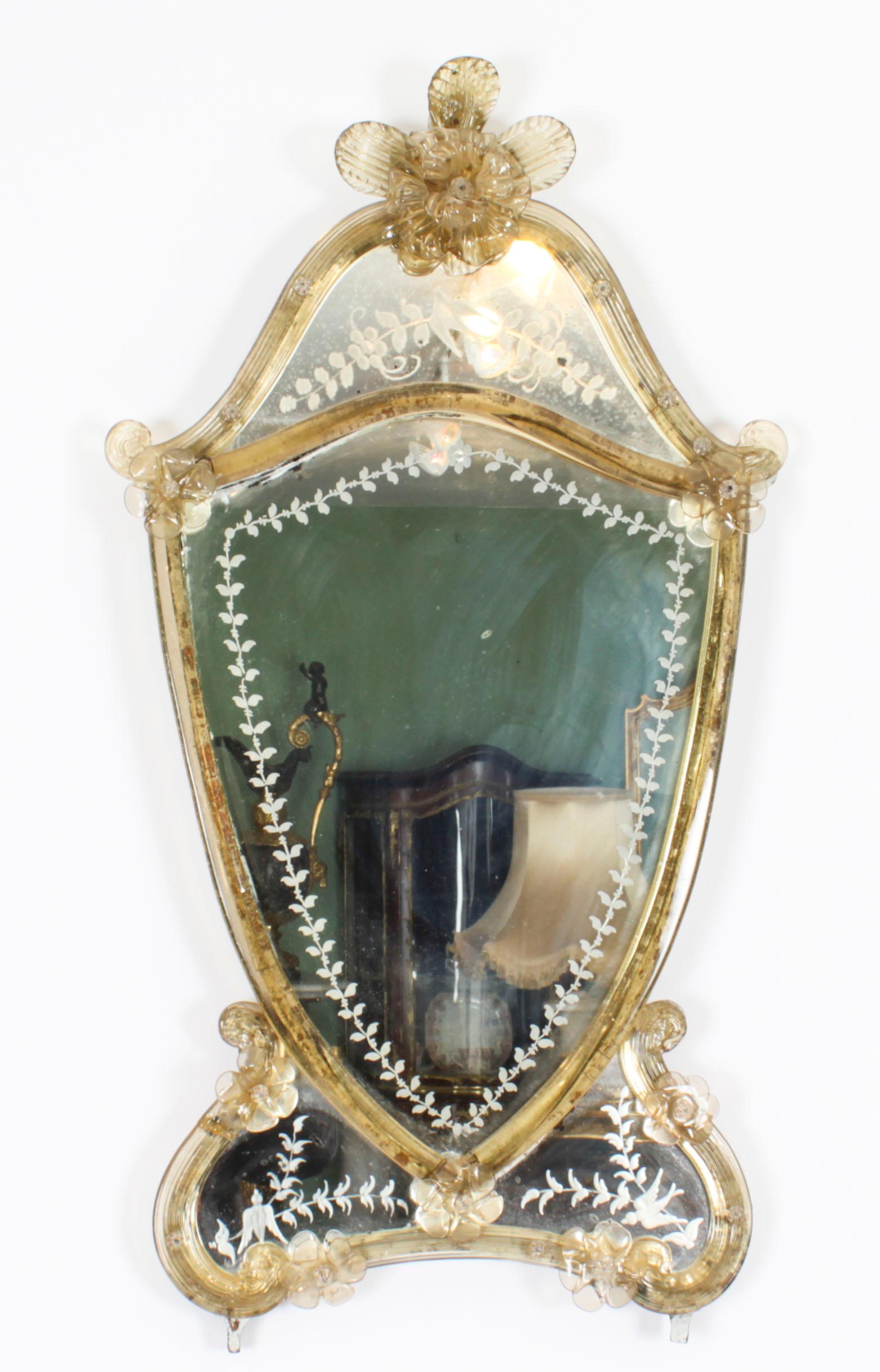 Glass Antique Shield Shaped Venetian Mirror 19th Century 69x37cm For Sale