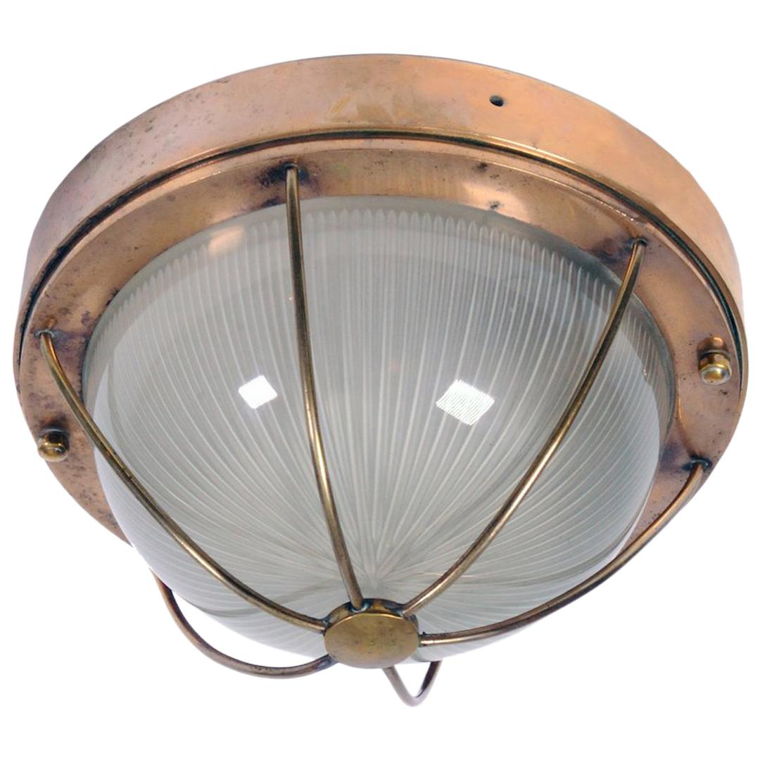 Antique Ship Liner Ceiling or Wall Light with a Holophane Prismatic Glass Shade