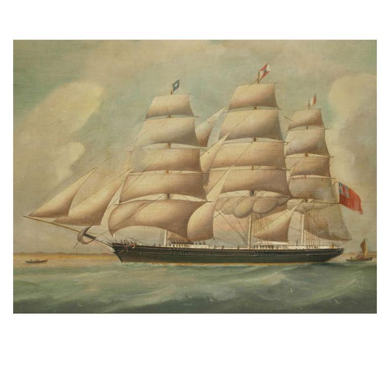 Portrait nautique d'un navire, huile sur toile, première moitié du XIXe siècle ; à l'arrière-plan se trouvent un plus petit navire, deux petites embarcations et un port. Très bon état, quelques restaurations. Cm 92 x 60, pouces 36 x 24.

  