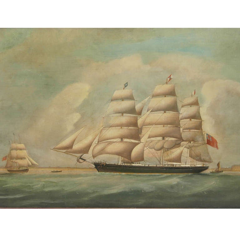 Britannique Portrait ancien de bateau, huile sur toile, première moitié du 19e siècle en vente