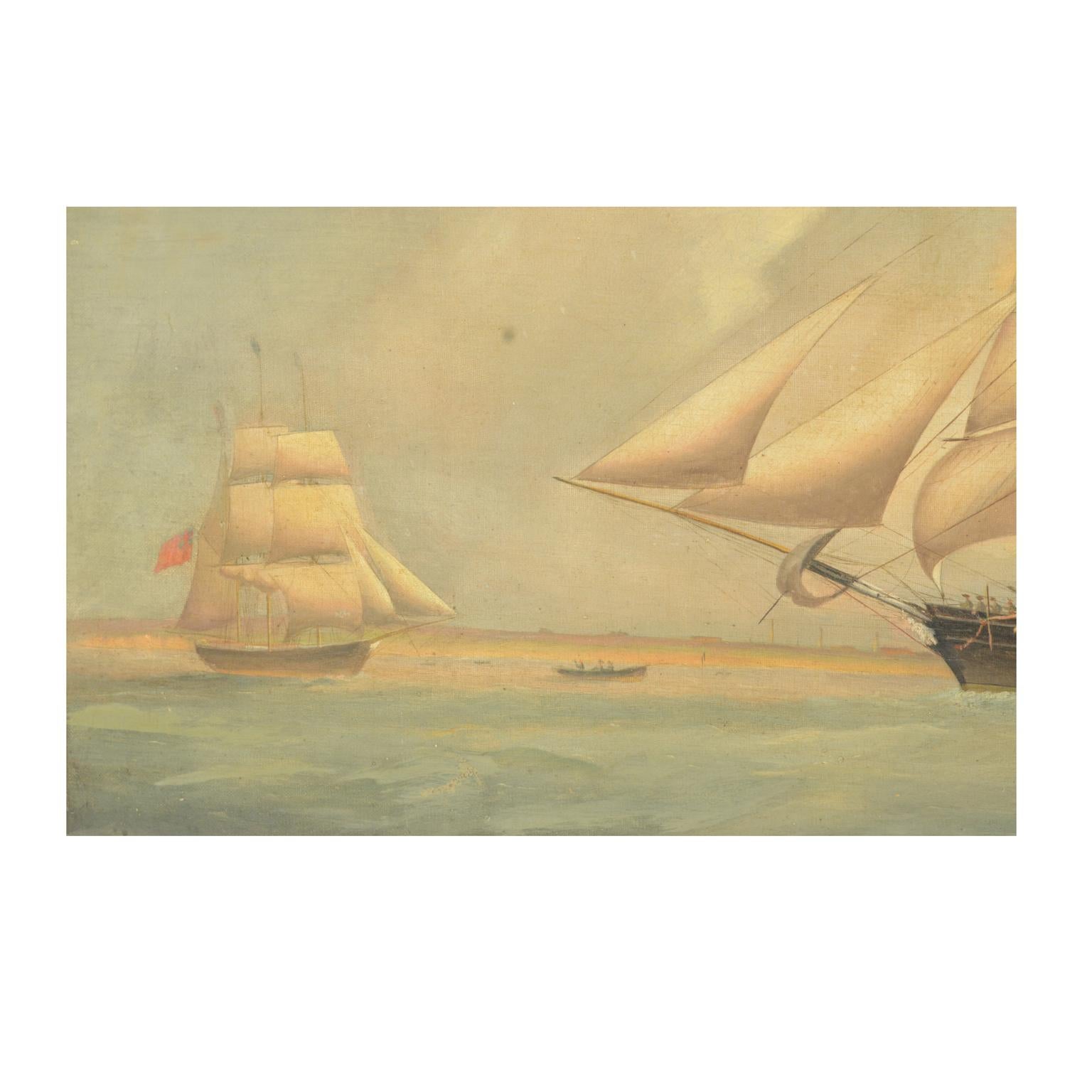 Portrait ancien de bateau, huile sur toile, première moitié du 19e siècle en vente 2
