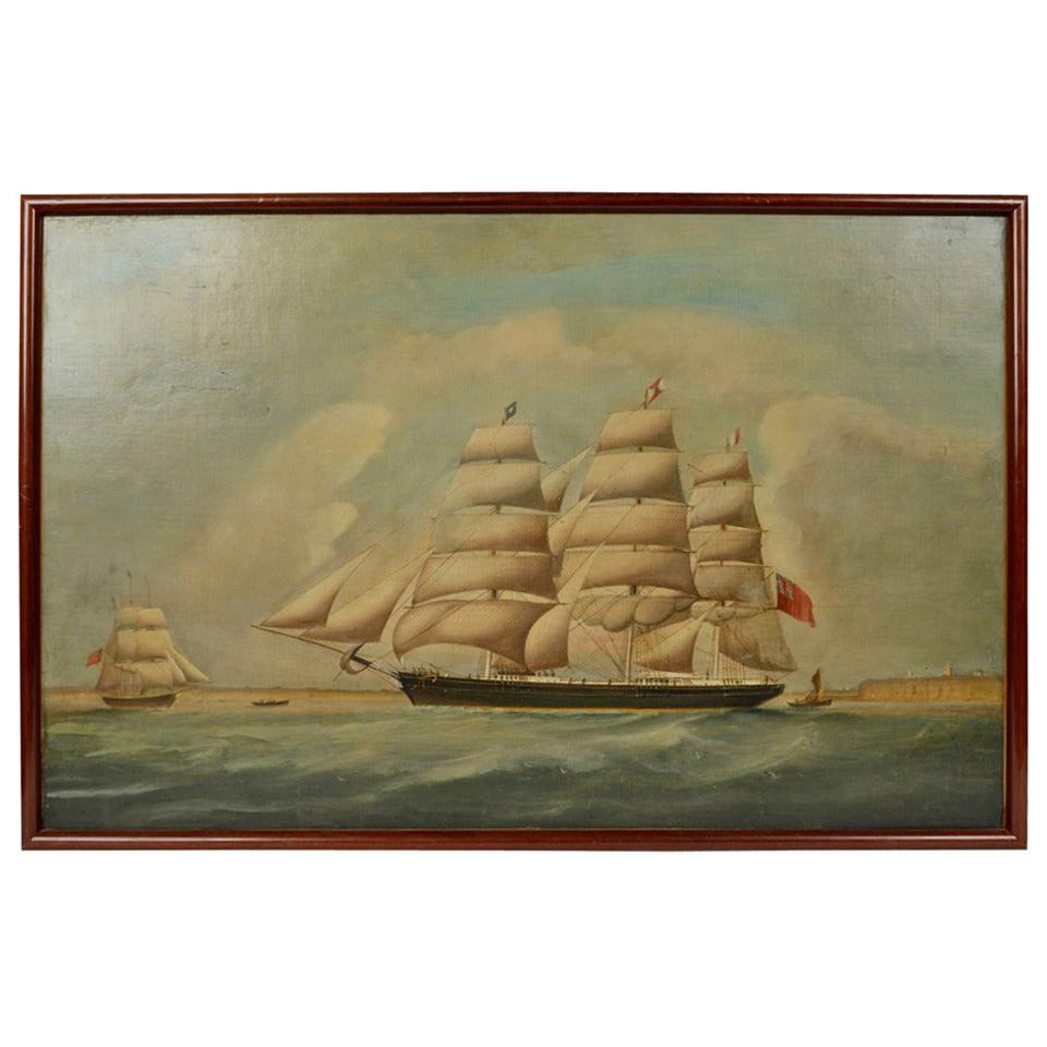 Antique Nautical Ship Portrait, Oil on Canvas, First Half of the 19th Century