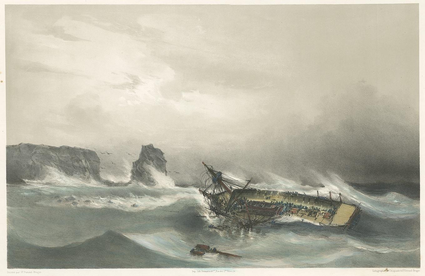 Antique print titled 'La Bellone. Échouée en travers à la Lame'. This print depicts a stranded French ship near the Bay of Audierne. Lithographed after Jean Baptiste Henri Durand-Brager.