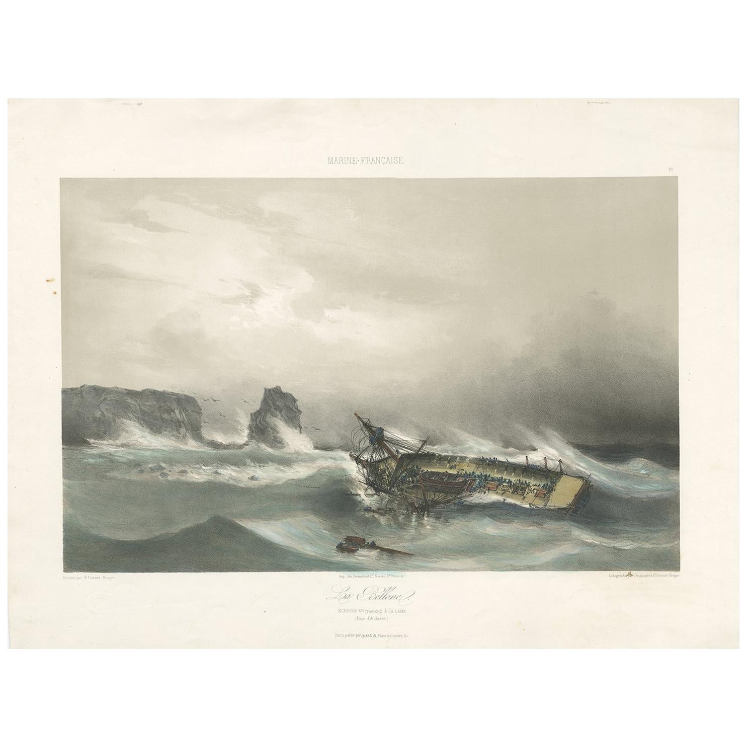 Antique Ship Print 'La Bellone' by Durand-Brager, circa 1850 For Sale