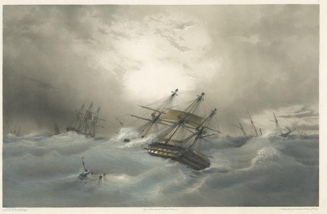 Antique print titled 'Le Sufren à la Cape'. This print depicts a French ship at the Cape. Lithographed after Jean Baptiste Henri Durand-Brager.