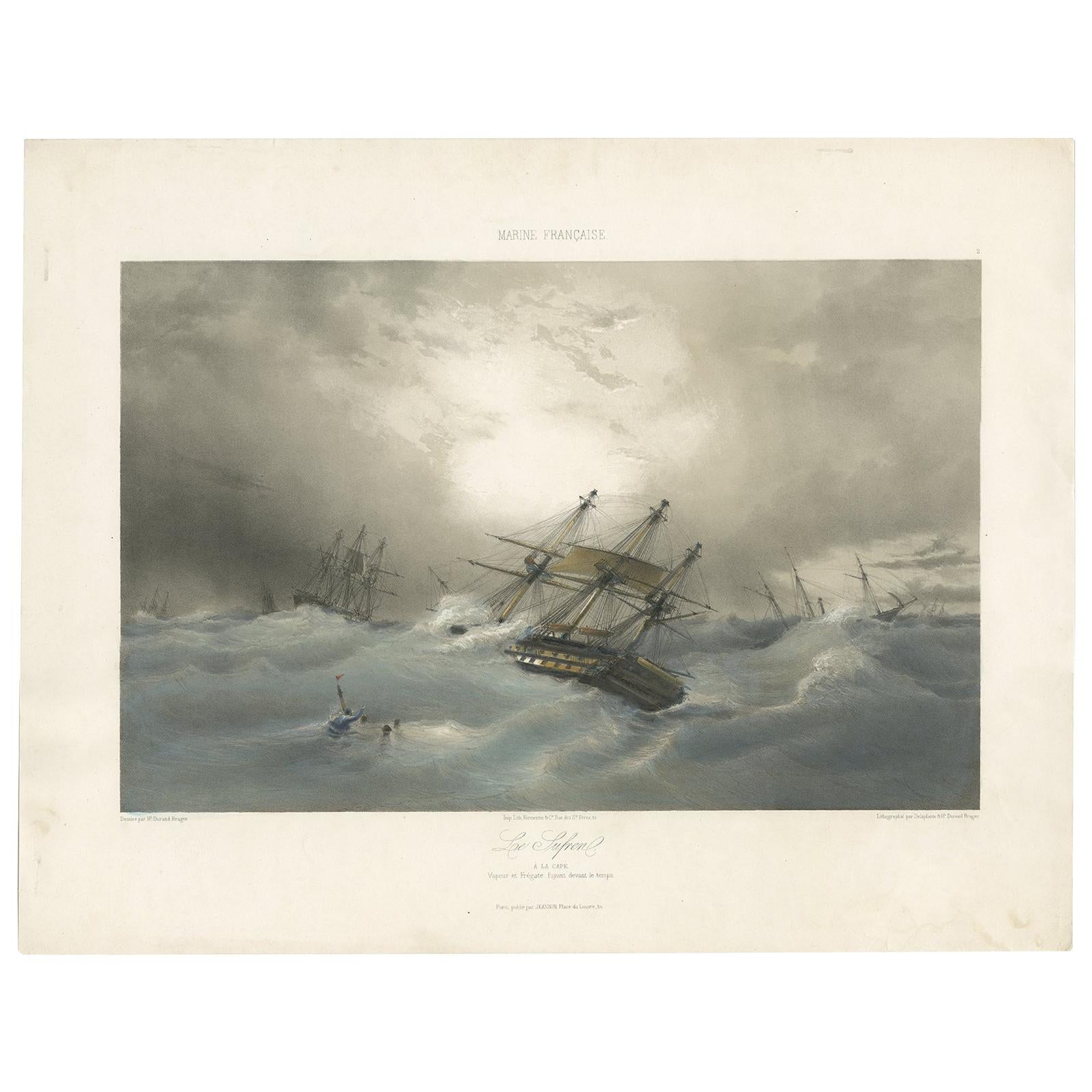Antique Ship Print 'Le Sufren' by Durand-Brager, circa 1850 For Sale