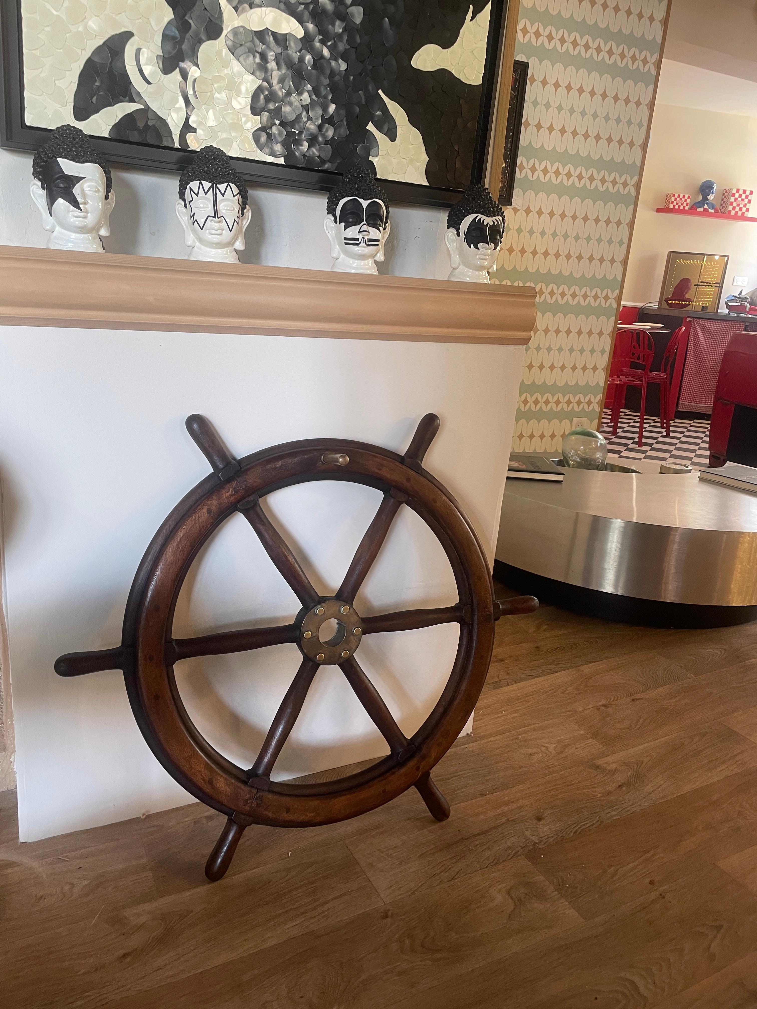 Antique, Ship Wheel, French, 19th Century, Teak, Brass, Boat Steering, France In Good Condition For Sale In L'Isle sur la Sorgue, FR