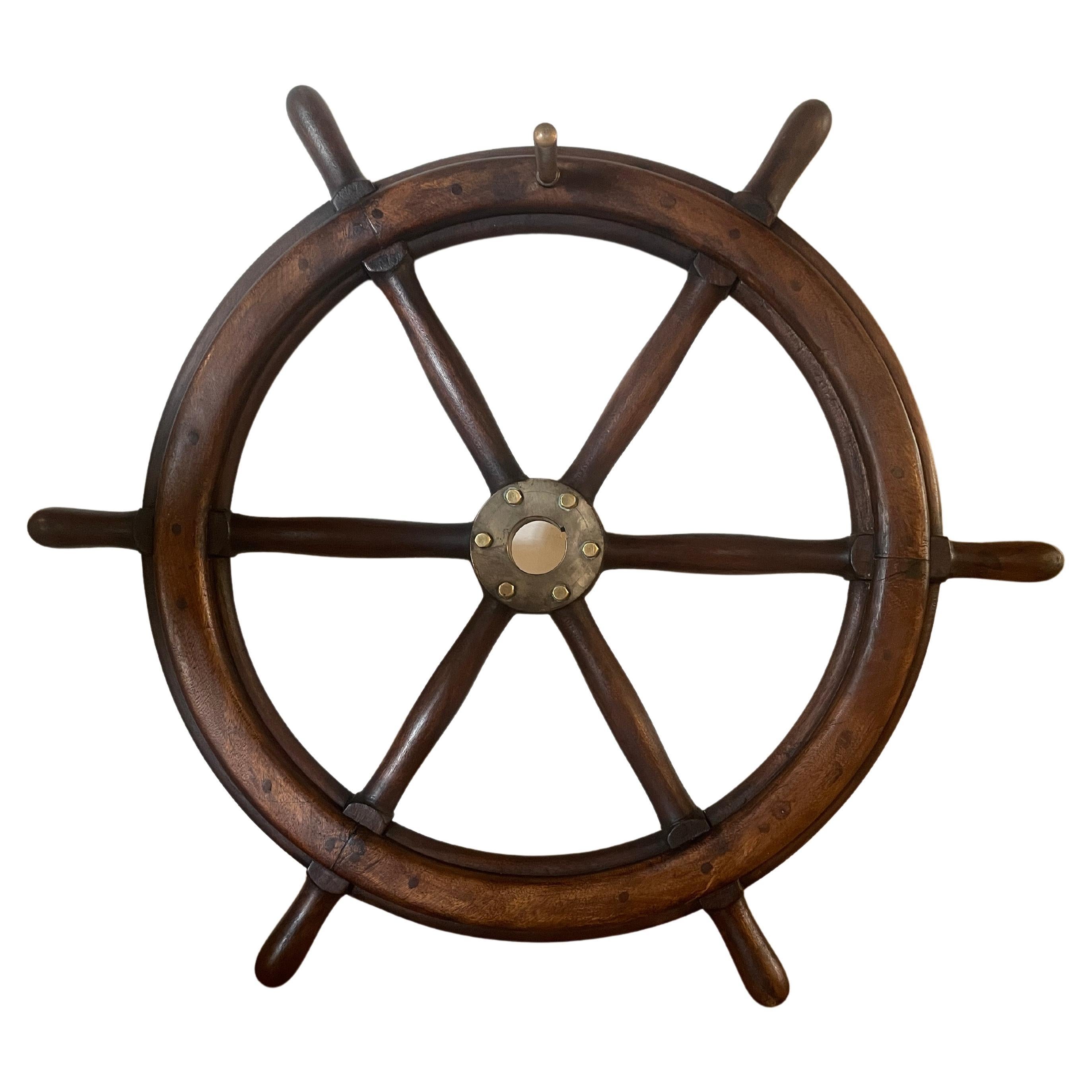 Antique, Ship Wheel, French, 19th Century, Teak, Brass, Boat Steering, France For Sale