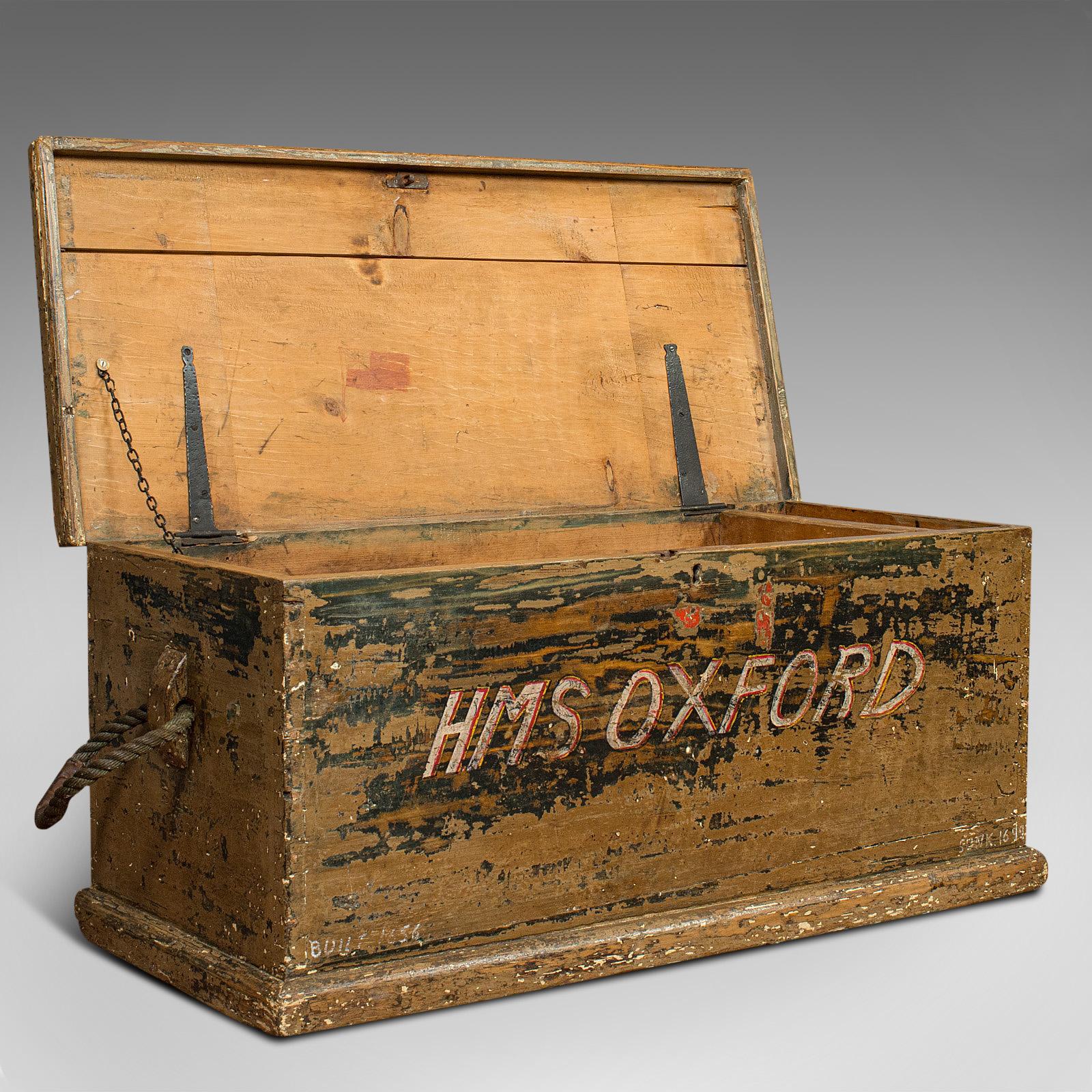 This is an antique ship's chest. An English, pine merchant or tool trunk, dating to the early Victorian period, circa 1850.

Stout Victorian chest
Displays a desirable aged patina
Pine shows fine grain interest
Weathered appearance,