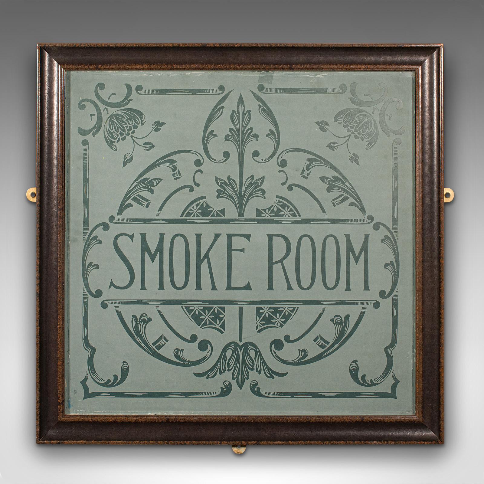This is an antique ship's smoke room sign. An English, leather framed decorative panel, dating to the late Victorian period, circa 1900.

Ideal for accentuating a ship's deck in period, or a dedicated room in the home
Displays a desirable aged