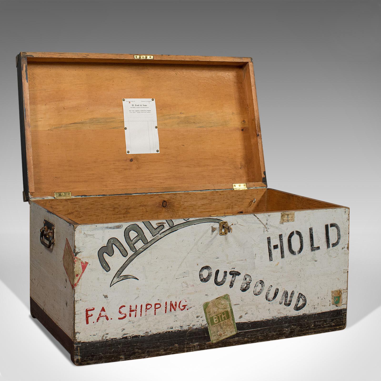 This is an antique Shipwright's chest. An English, pine maritime tool or steamer trunk and dating to the late Victorian period, circa 1900.

Time-served maritime history with later vintage appeal
Displays a desirable aged patina
Select pine in