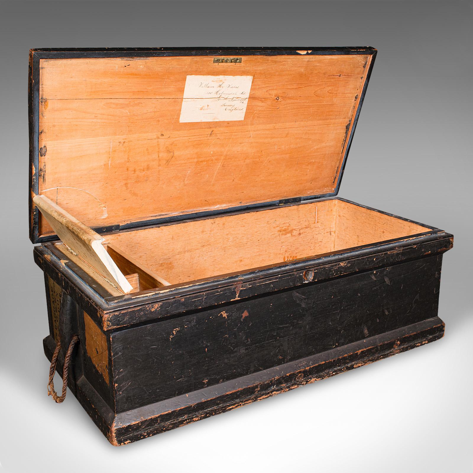 This is an antique shipwright's chest. An English, stained pine workman's trunk, dating to the late Victorian period, circa 1900.

Pleasingly aged maritime chest, with a fascinating appearance
Displays a desirable aged patina throughout
Robust,