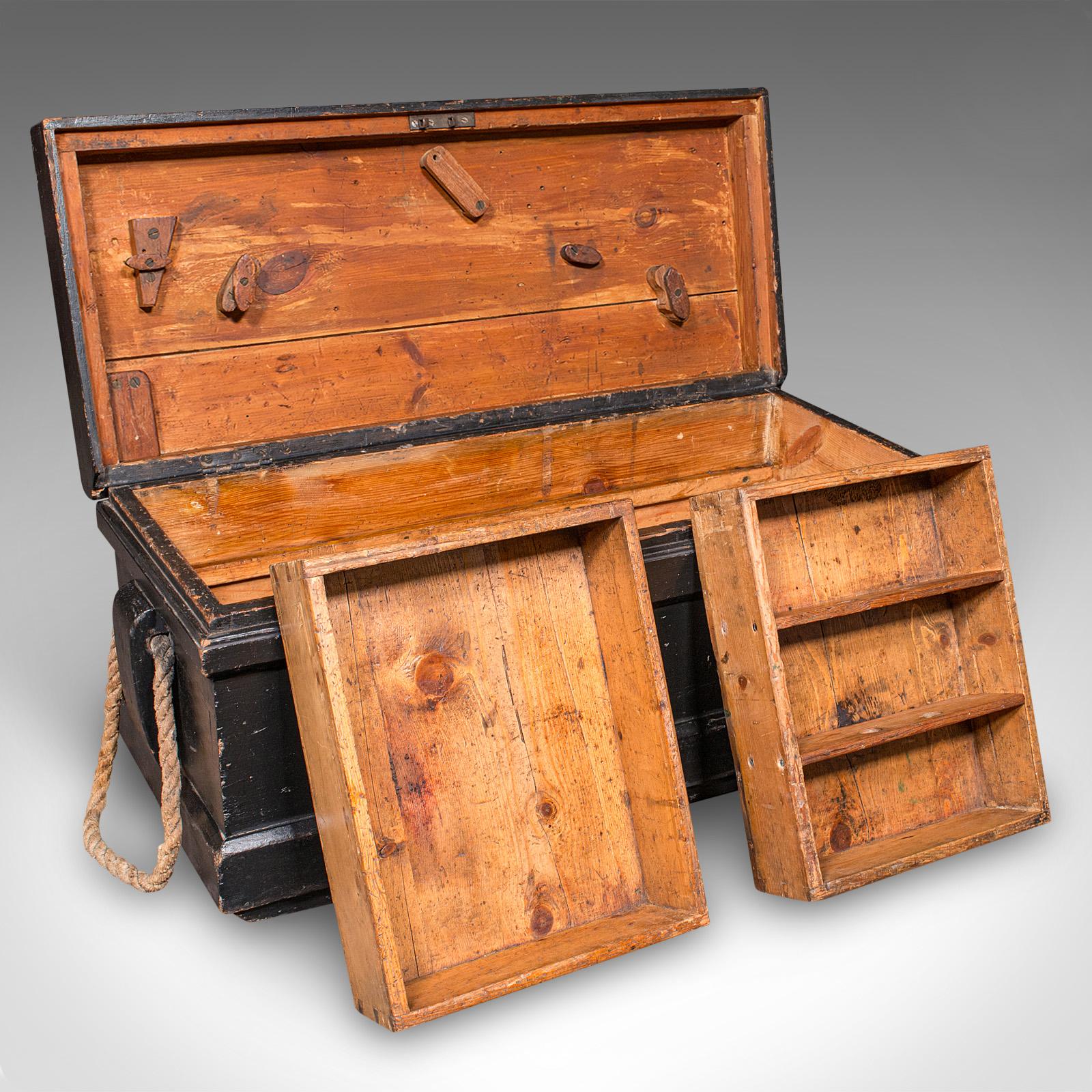 Late Victorian Antique Shipwright’s Tool Chest, English, Ebonised, Workman’s Trunk, Victorian For Sale