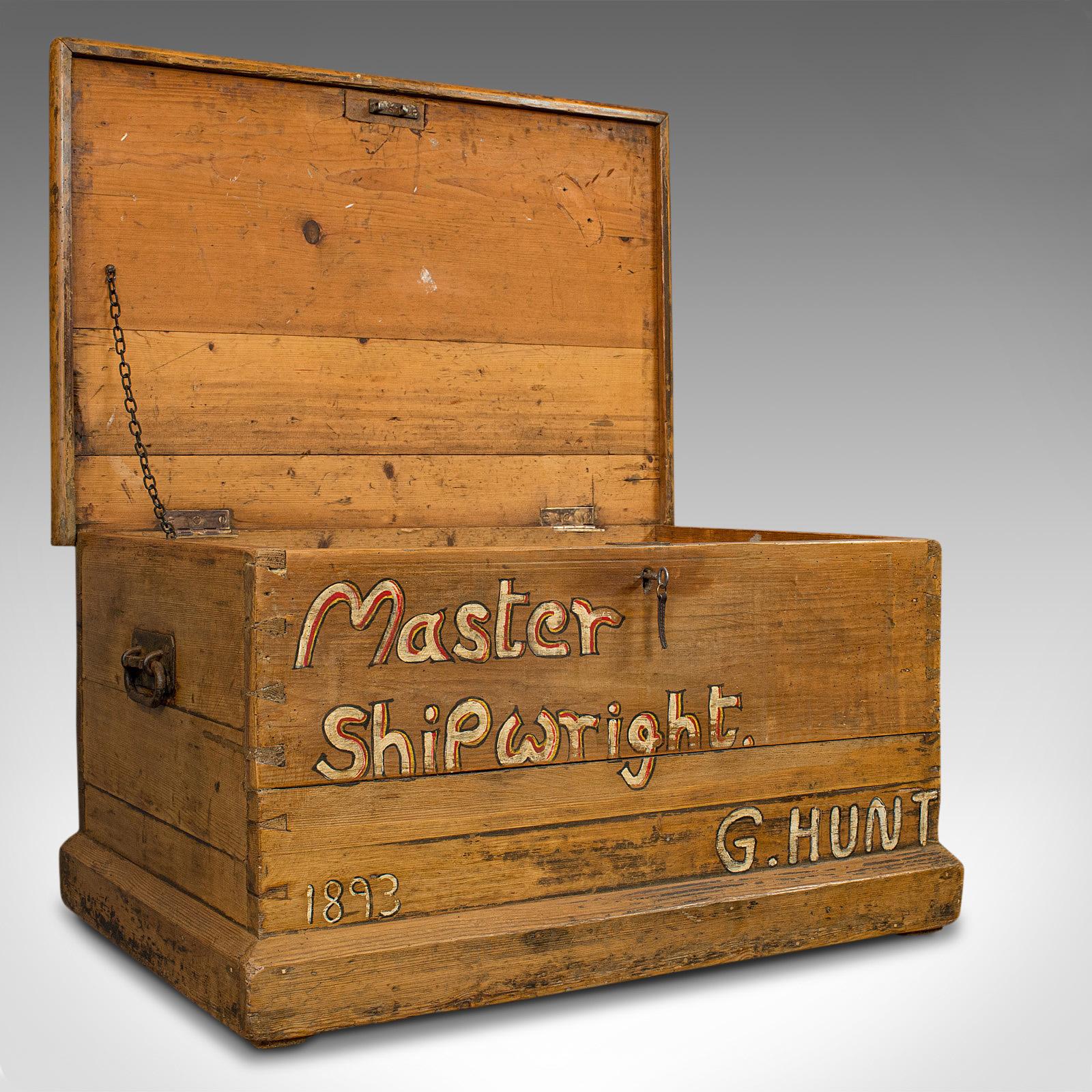 This is an antique shipwright's tool chest. An English, pine merchants trunk, dating to the late 19th century, circa 1870.

Lasting Victorian maritime appeal
Displays a desirable aged patina - natural weathering adding further appeal
Pine stocks