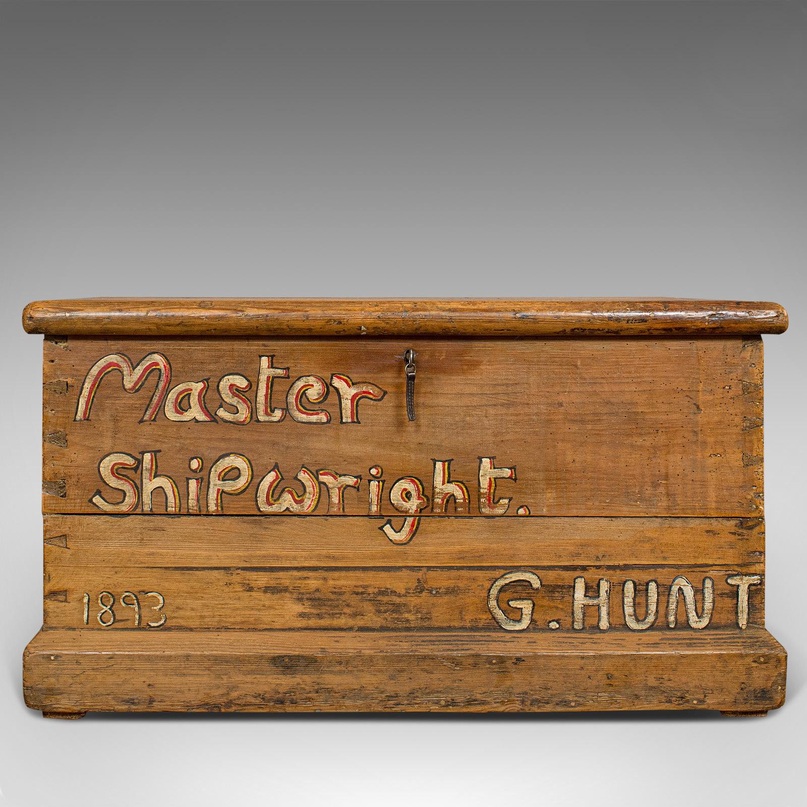 Victorian Antique Shipwright's Tool Chest, English, Pine, Merchant's, Trunk, circa 1870