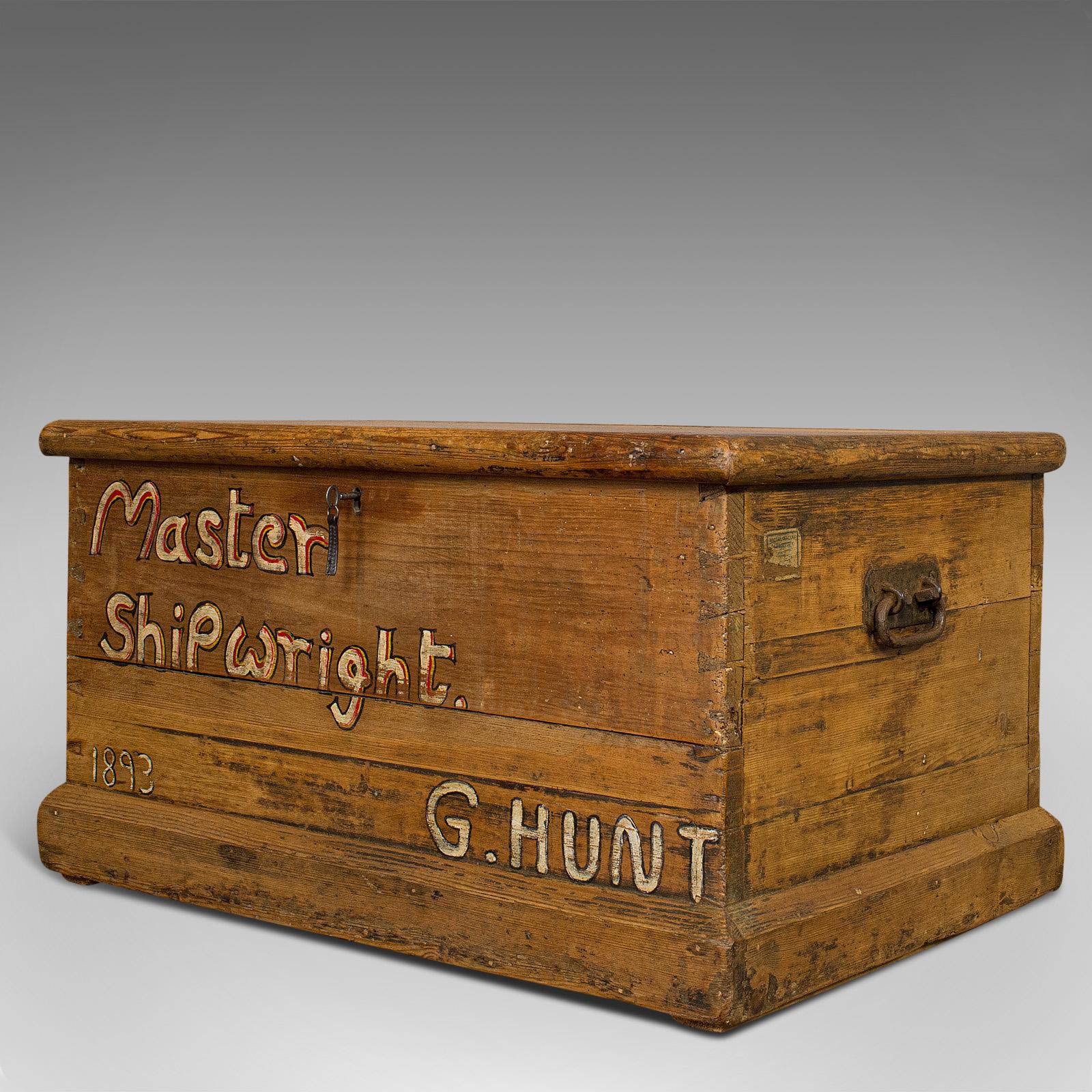 Hand-Painted Antique Shipwright's Tool Chest, English, Pine, Merchant's, Trunk, circa 1870