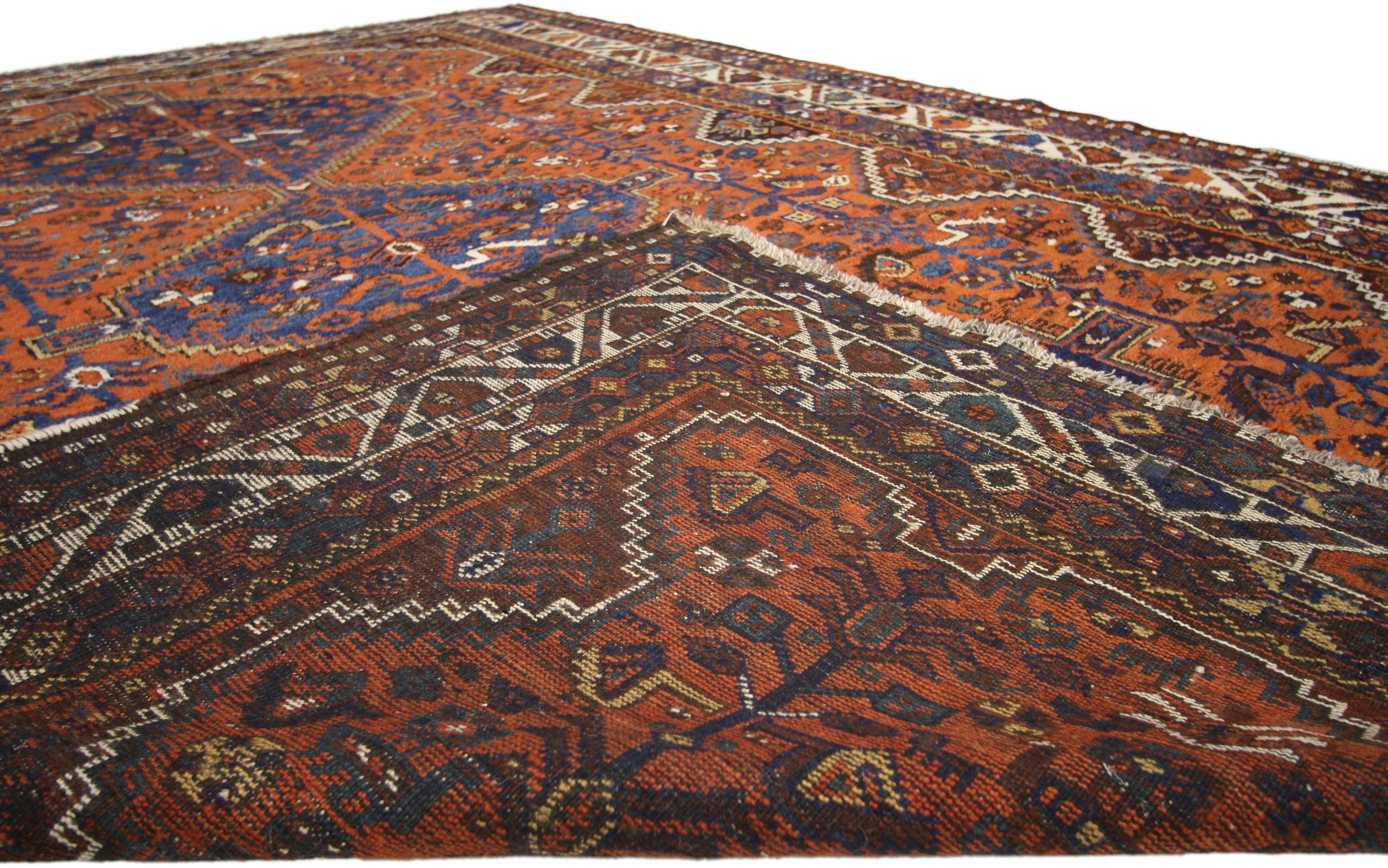 Hand-Knotted Antique Shiraz Persian Rug with Mid-Century Modern Tribal Style For Sale