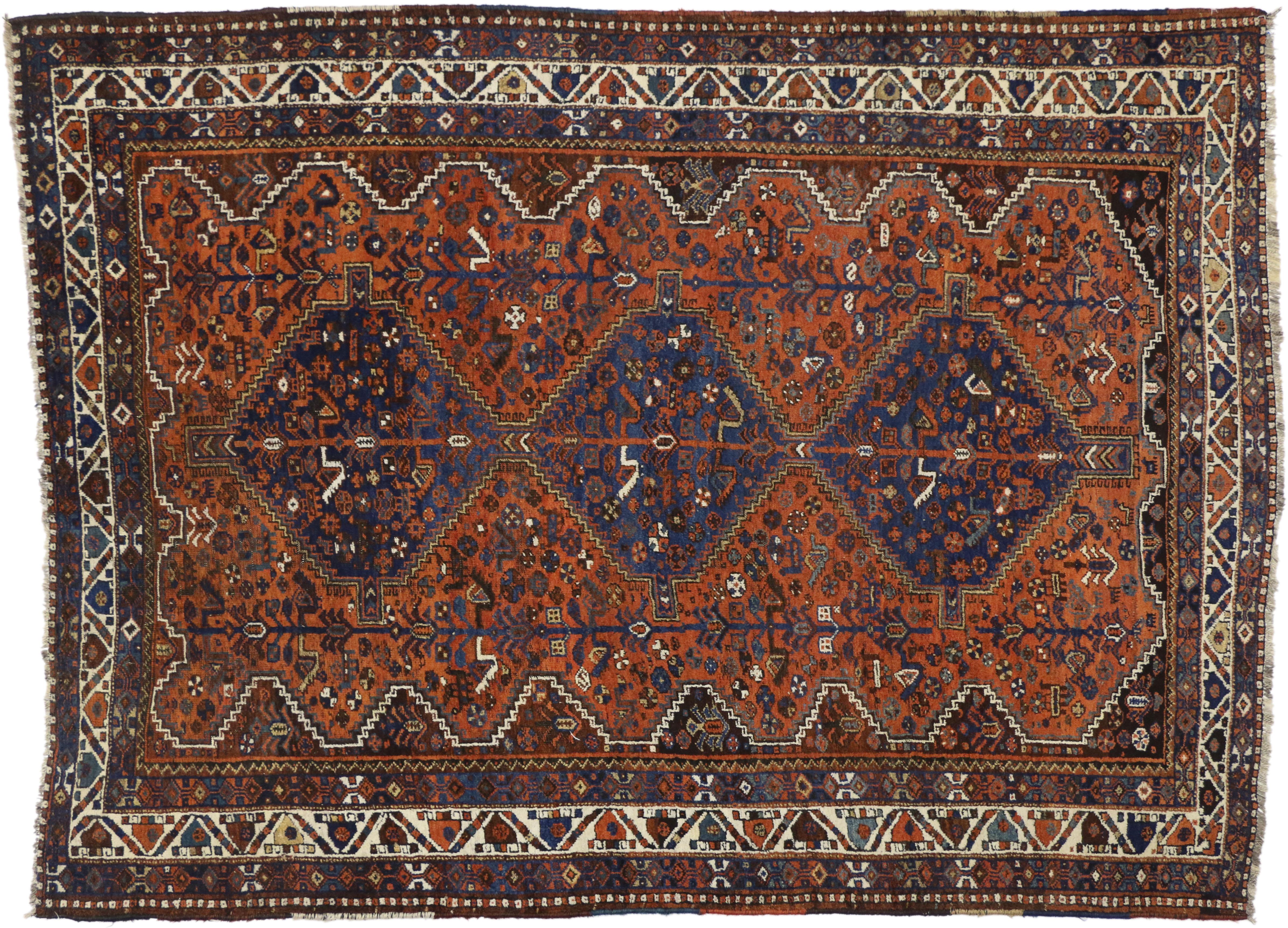 Antique Shiraz Persian Rug with Mid-Century Modern Tribal Style In Good Condition For Sale In Dallas, TX