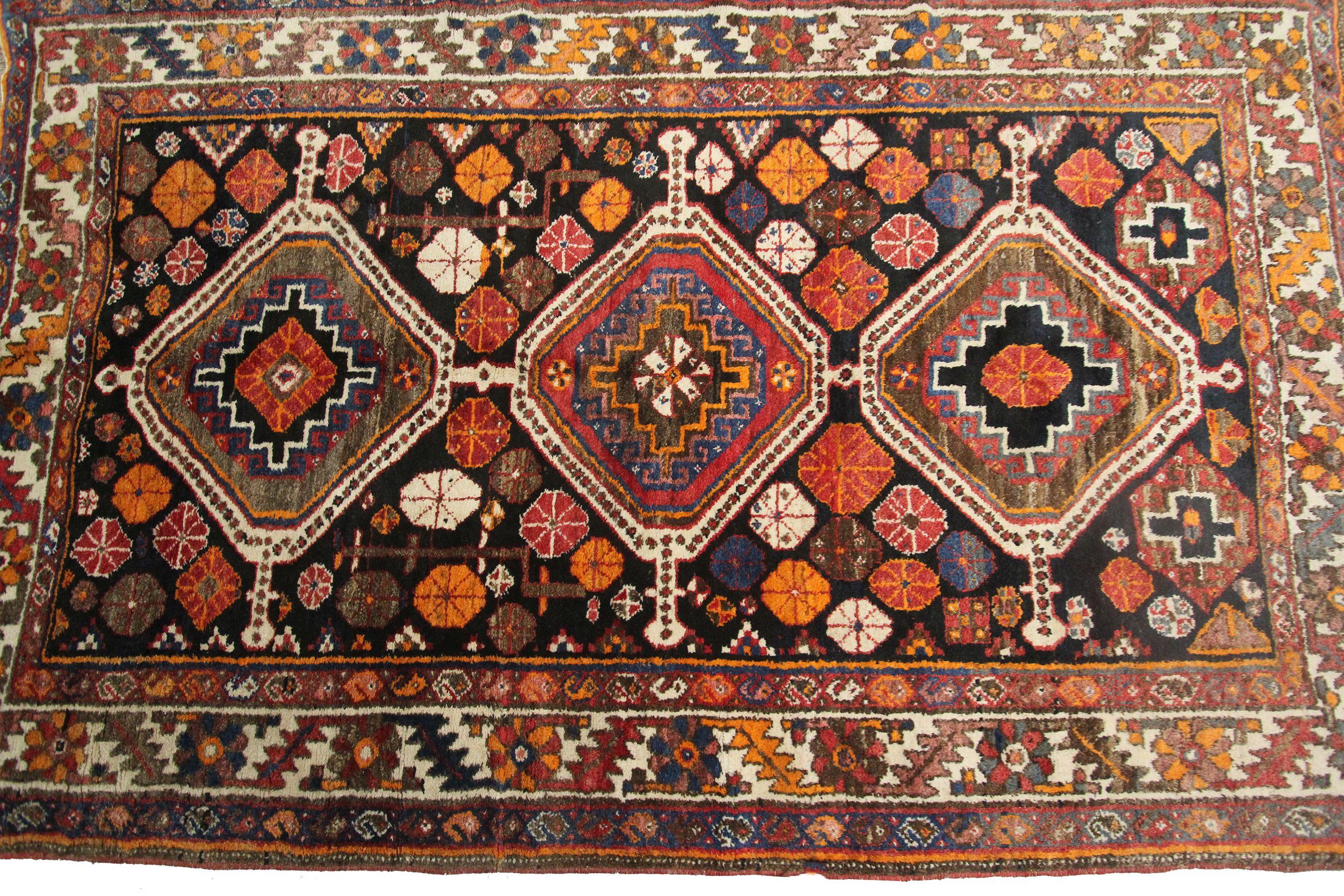Antique Shiraz Rug Antique Persian Rug Geometric Black Rug, 1910 In Good Condition For Sale In New York, NY