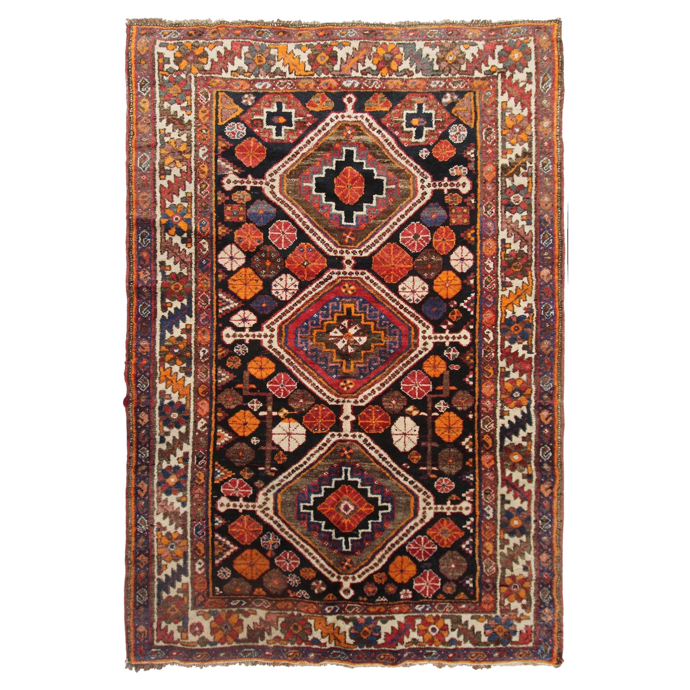Antique Shiraz Rug Antique Persian Rug Geometric Black Rug, 1910 For Sale