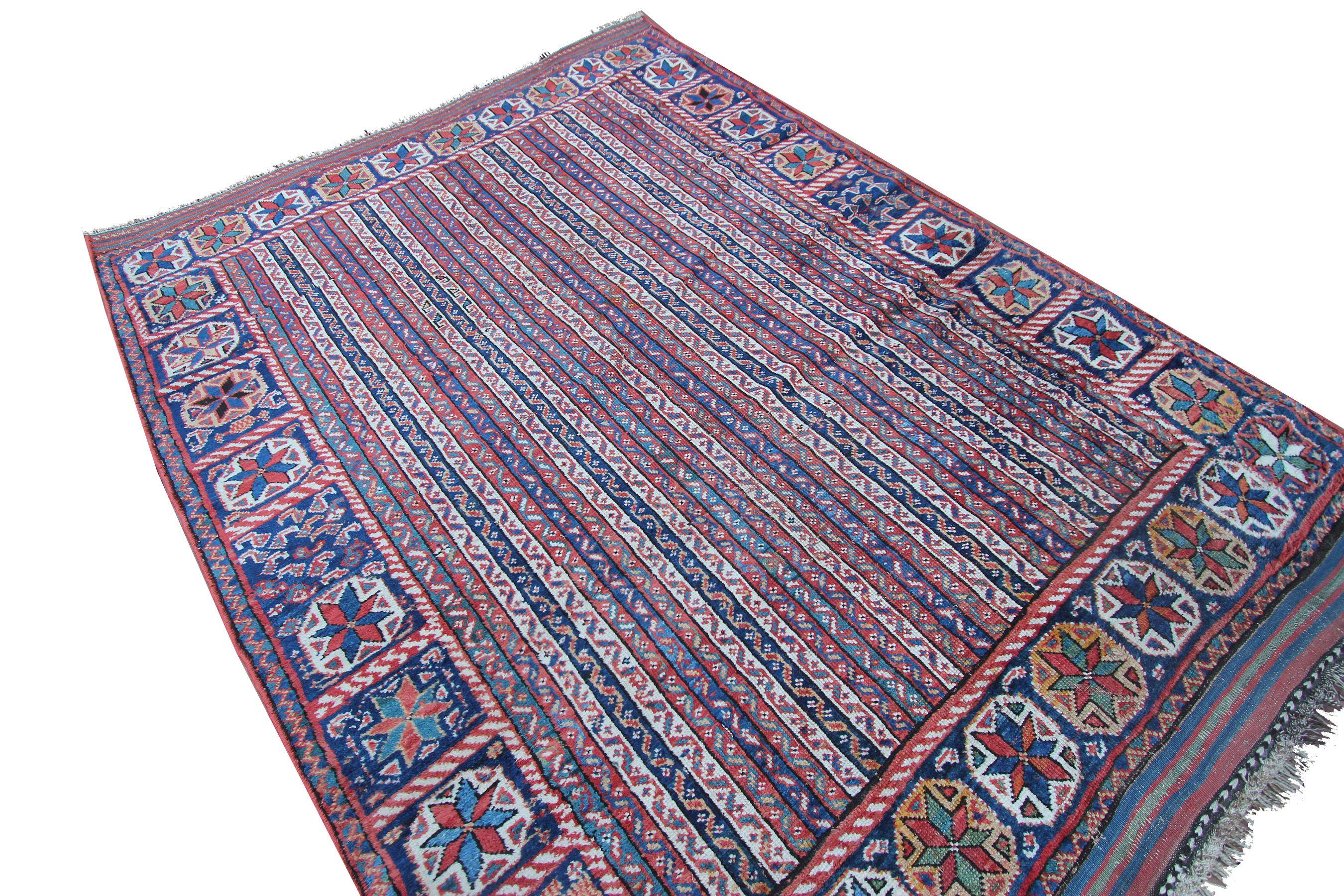 Persian Antique Shiraz Rug Collectors Piece Tribal Rug Ganjeh Blue Geometric 1890 For Sale