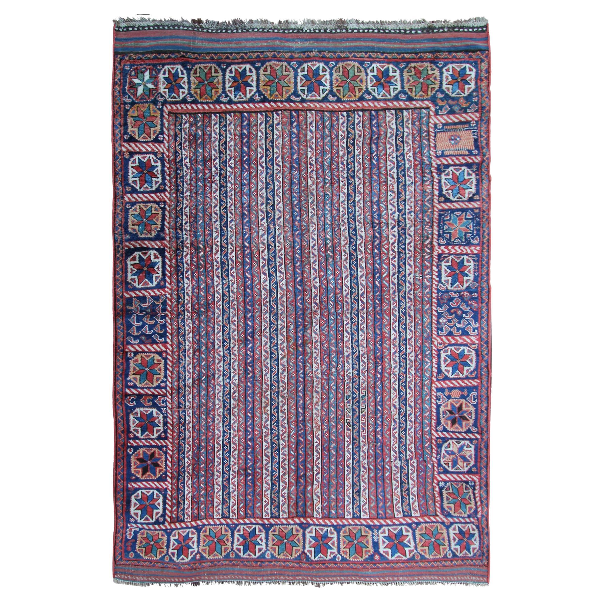 Antiker antiker Shiraz-Teppich Sammlerstück Tribal Teppich Ganjeh Blau Geometrisch 1890 im Angebot