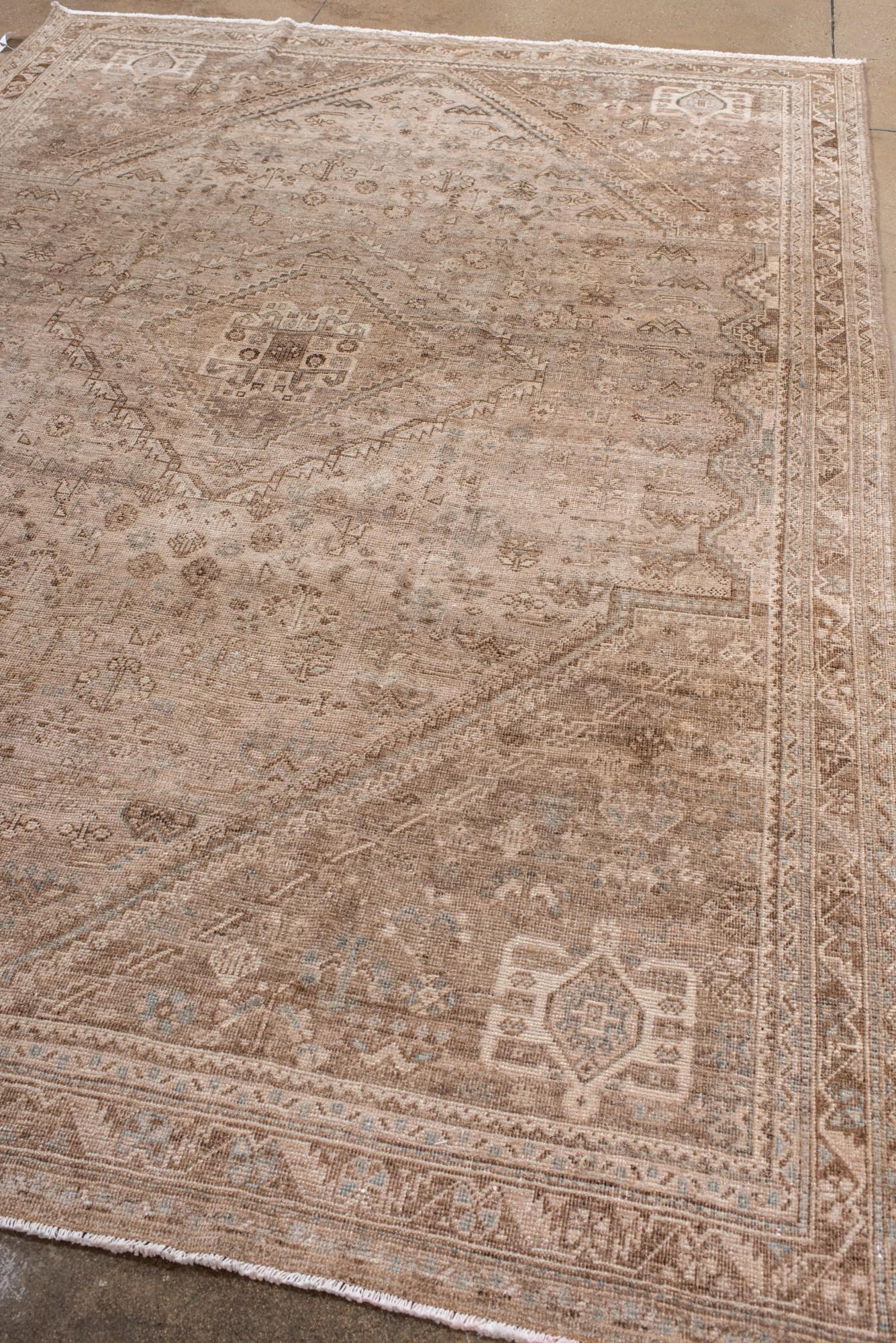 Hand-Knotted Antique Shiraz Rug, Tribal Persian Medallion in Neutral Tones For Sale