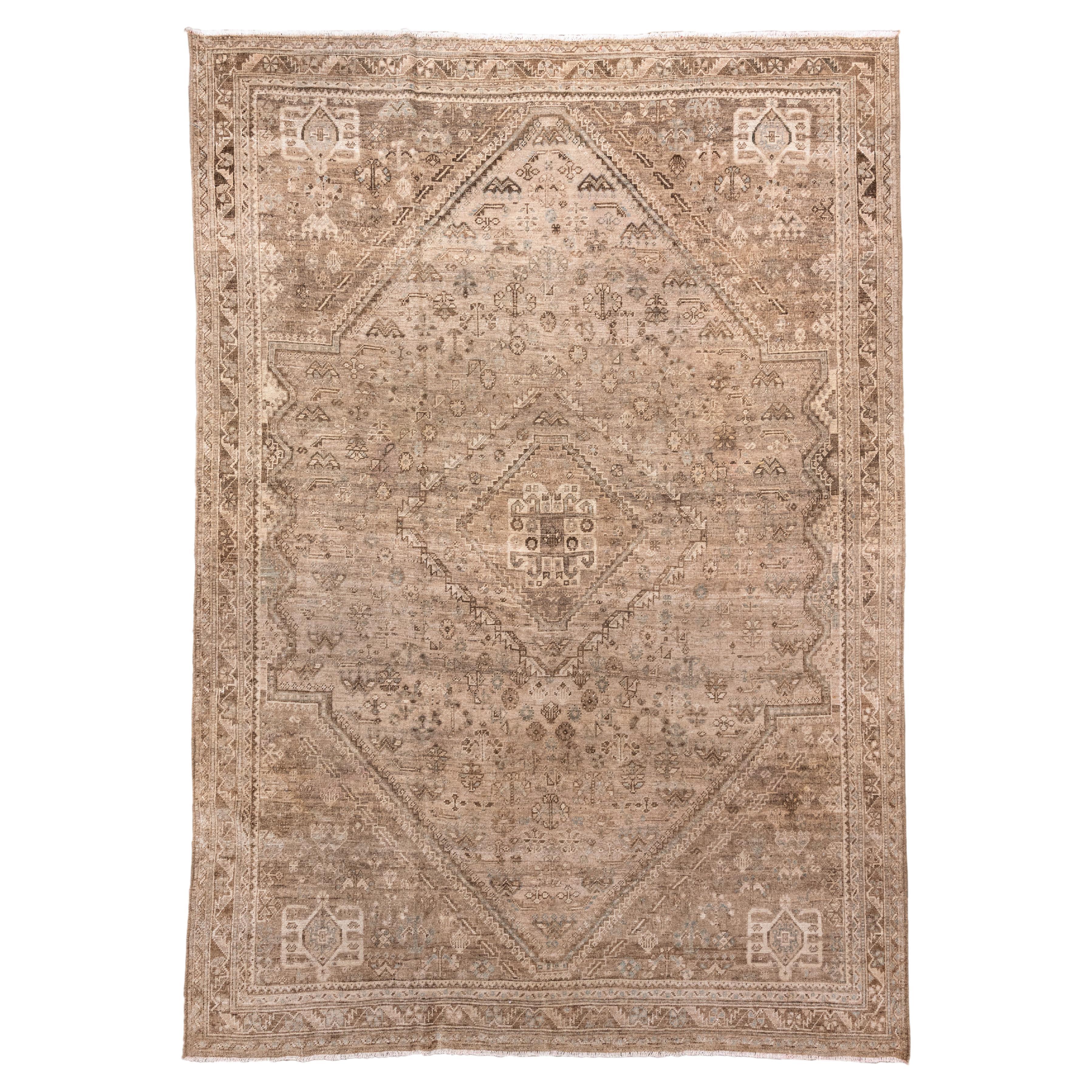 Antique Shiraz Rug, Tribal Persian Medallion in Neutral Tones For Sale