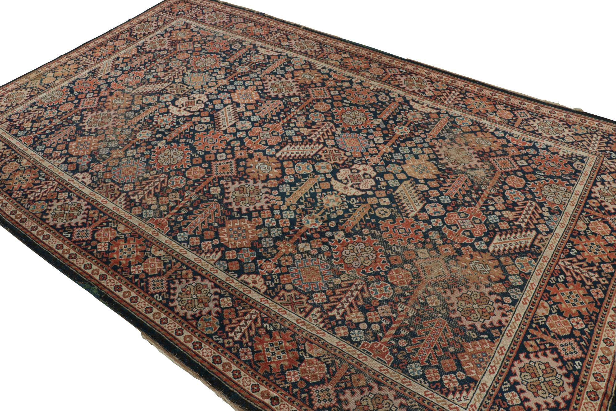 Hand-Knotted Antique Shiraz-Style Voysey Rug in Blue with Floral Pattern For Sale