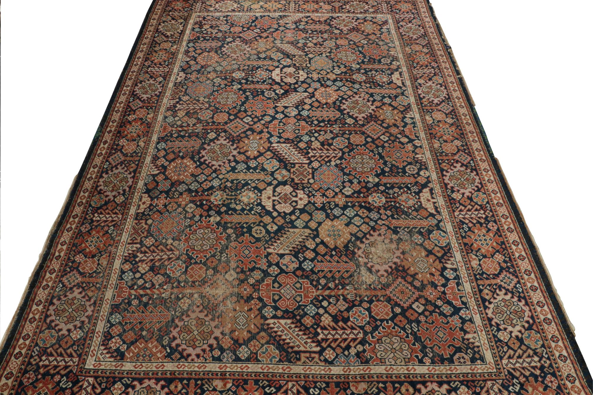 Antique Shiraz-Style Voysey Rug in Blue with Floral Pattern In Good Condition For Sale In Long Island City, NY
