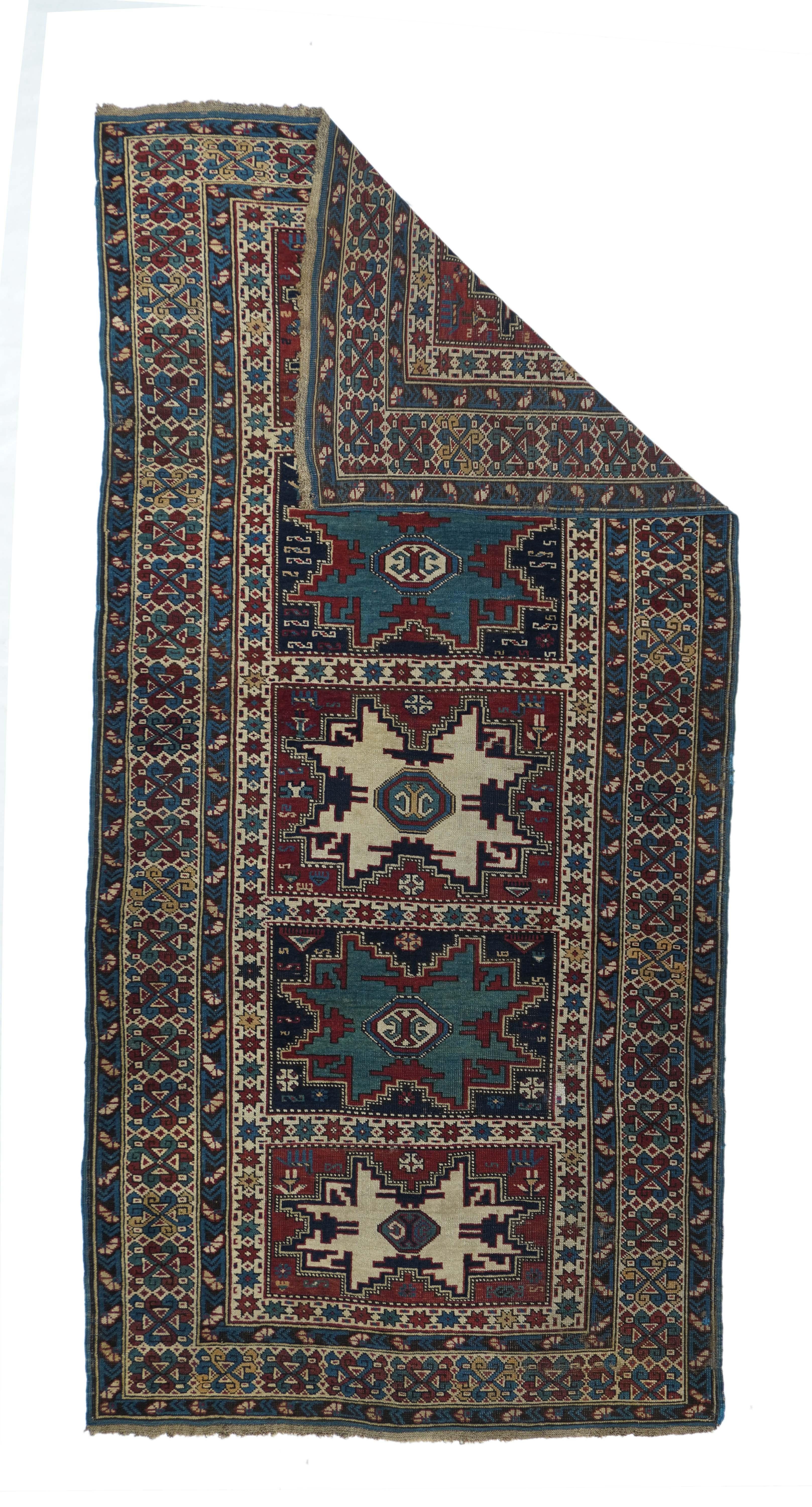 Antique Shirvan Caucasian rug 3'8'' x 8'3''. This eastern Caucasian good condition piece shows five eight pointed, square format 