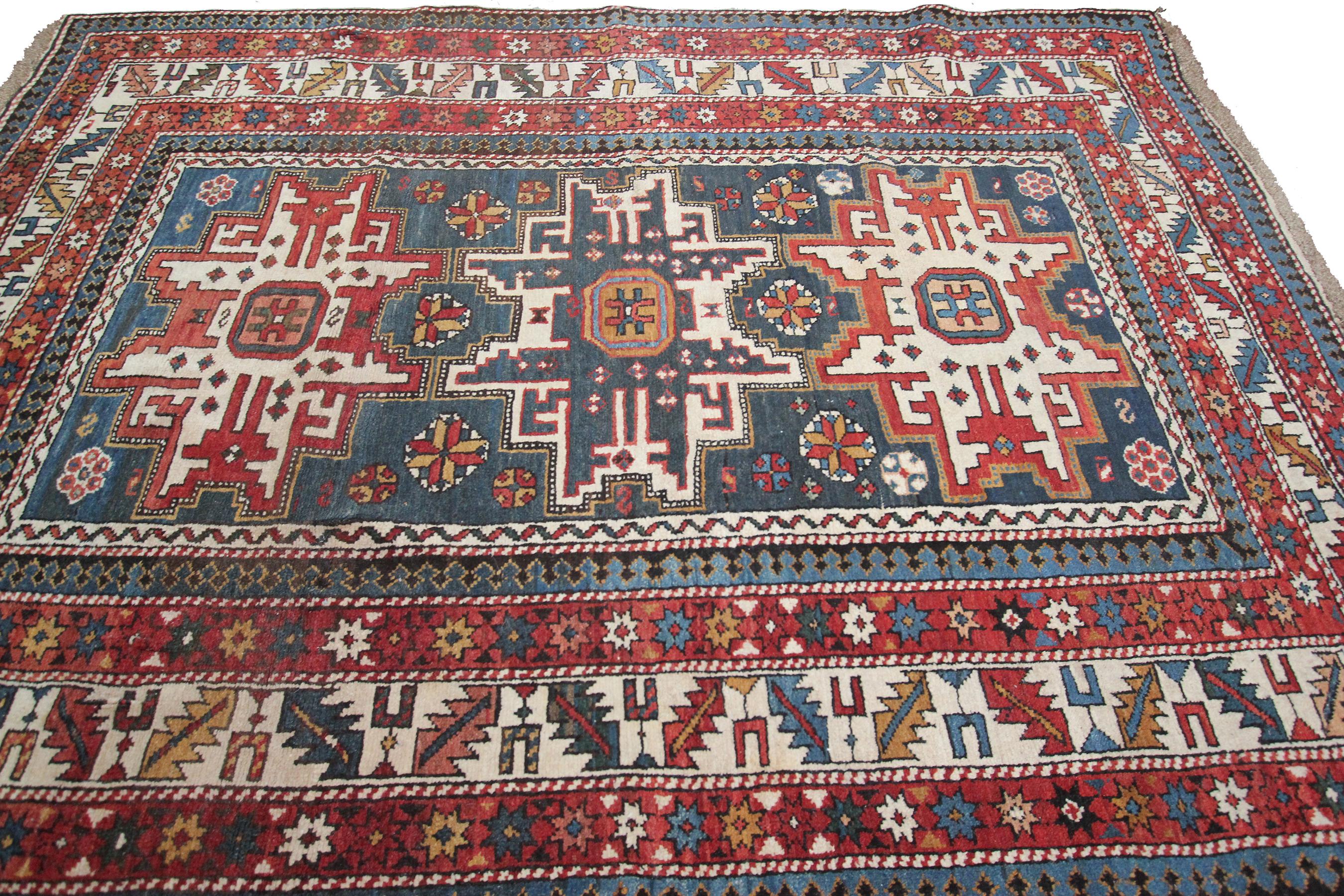 Antique Caucasian Shrivan rug handmade 4x6 wool foundation tribal geometric measures 3'11