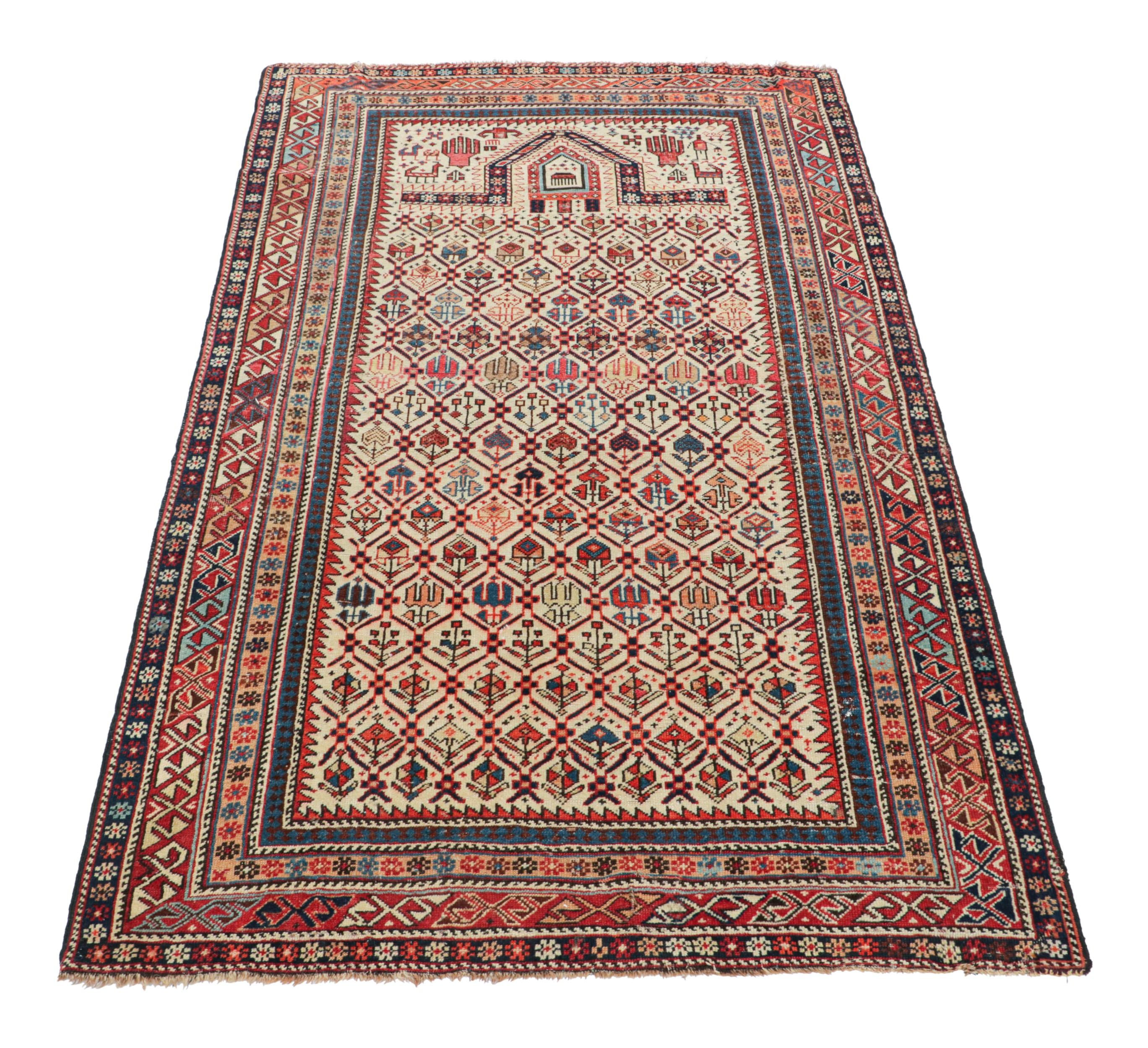 Antiker Schirwan Persischer Läufer Teppich, Polychromatisches Gebets Design - Rug & Kilim (Spätes 19. Jahrhundert) im Angebot