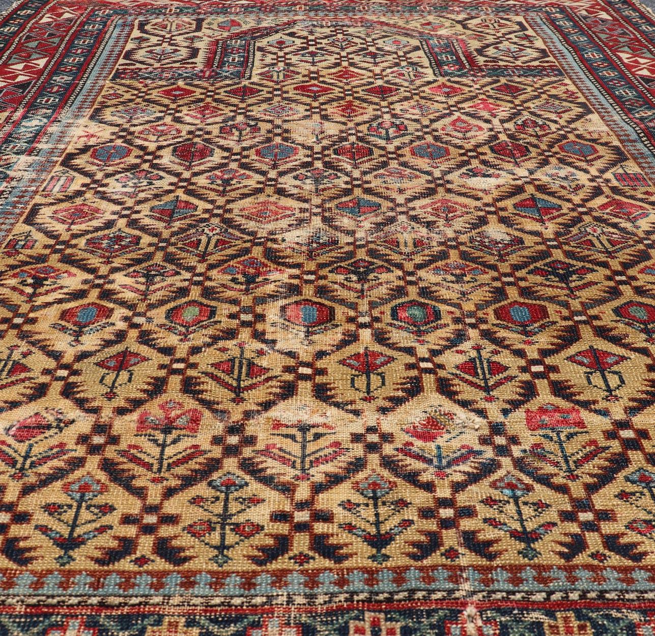 Kazak Antique Shirvan Prayer Design Rug in Yellow Background and Geometric Borders For Sale