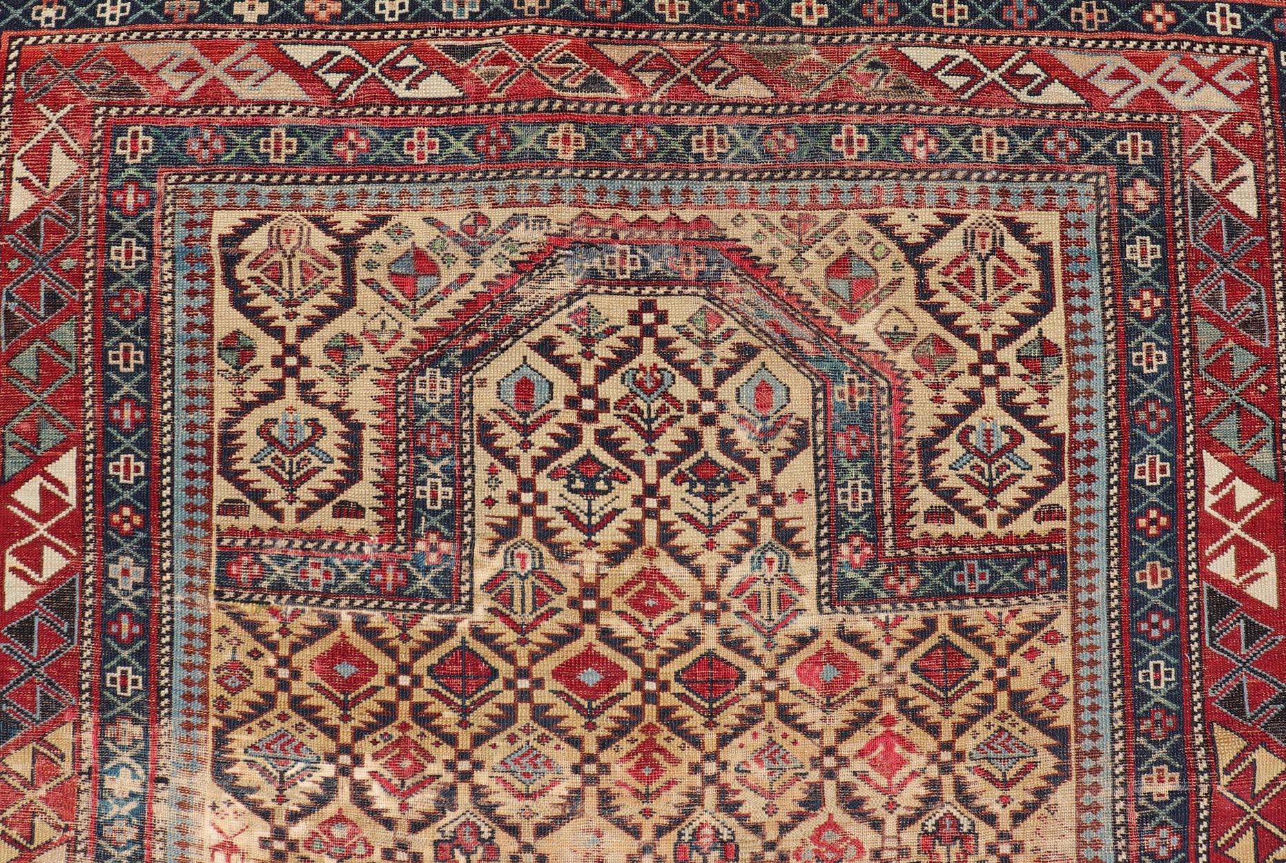 Antique Shirvan Prayer Design Rug in Yellow Background and Geometric Borders In Fair Condition For Sale In Atlanta, GA