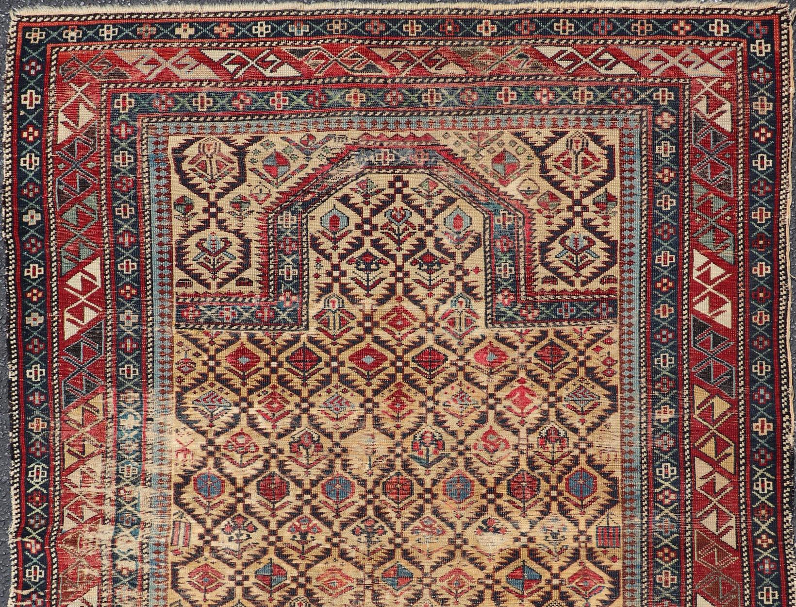 Late 19th Century Antique Shirvan Prayer Design Rug in Yellow Background and Geometric Borders For Sale