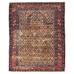 Antique Shirvan Prayer Design Rug in Yellow Background and Geometric Borders