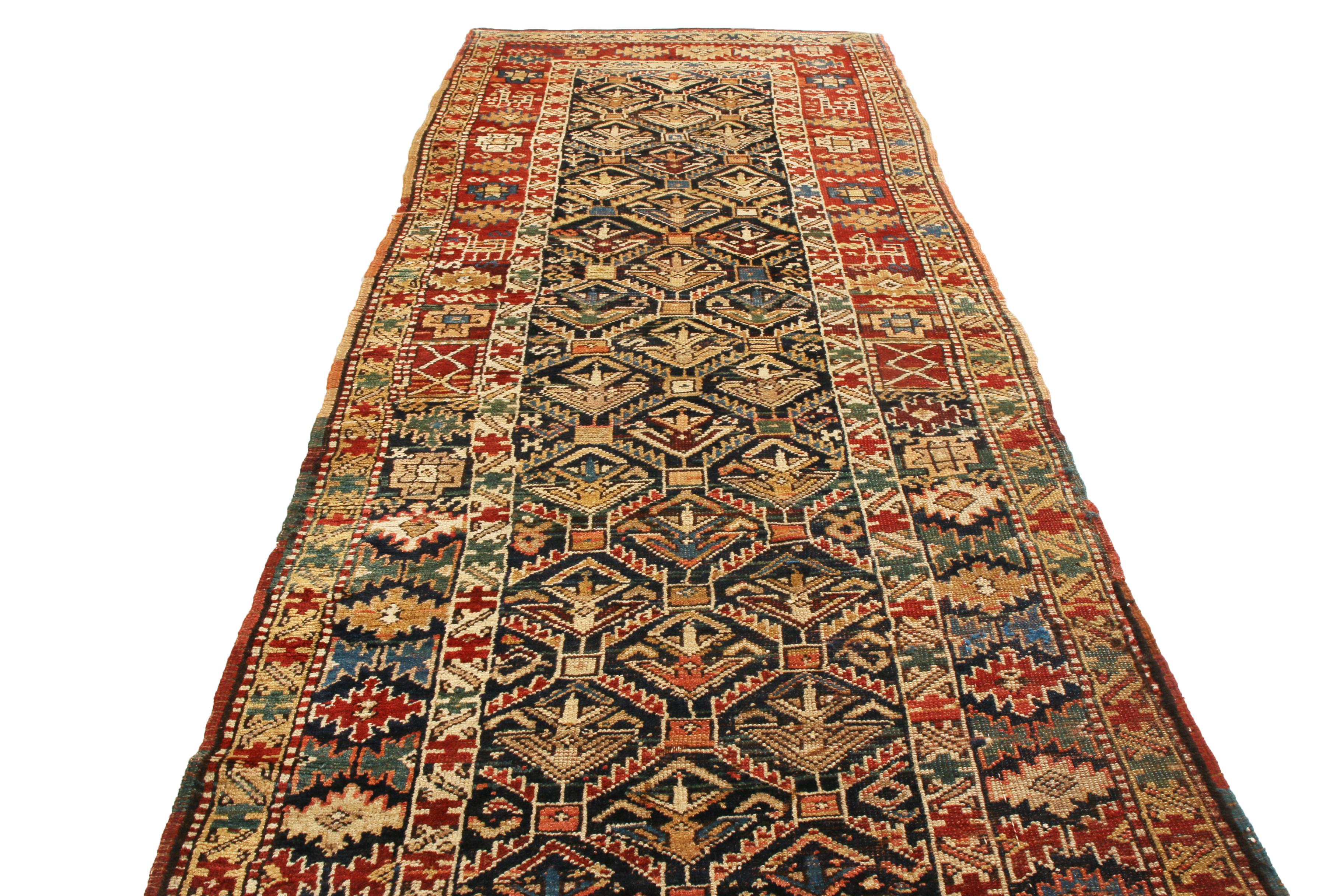 Originating from Russia in 1890, this antique Shirvan runner hosts a variety of elbelinde, ram’s horns, hooks, eight-pointed stars, and other various tribal motifs representing fertility, strength, and protection. Hand knotted in high quality wool,