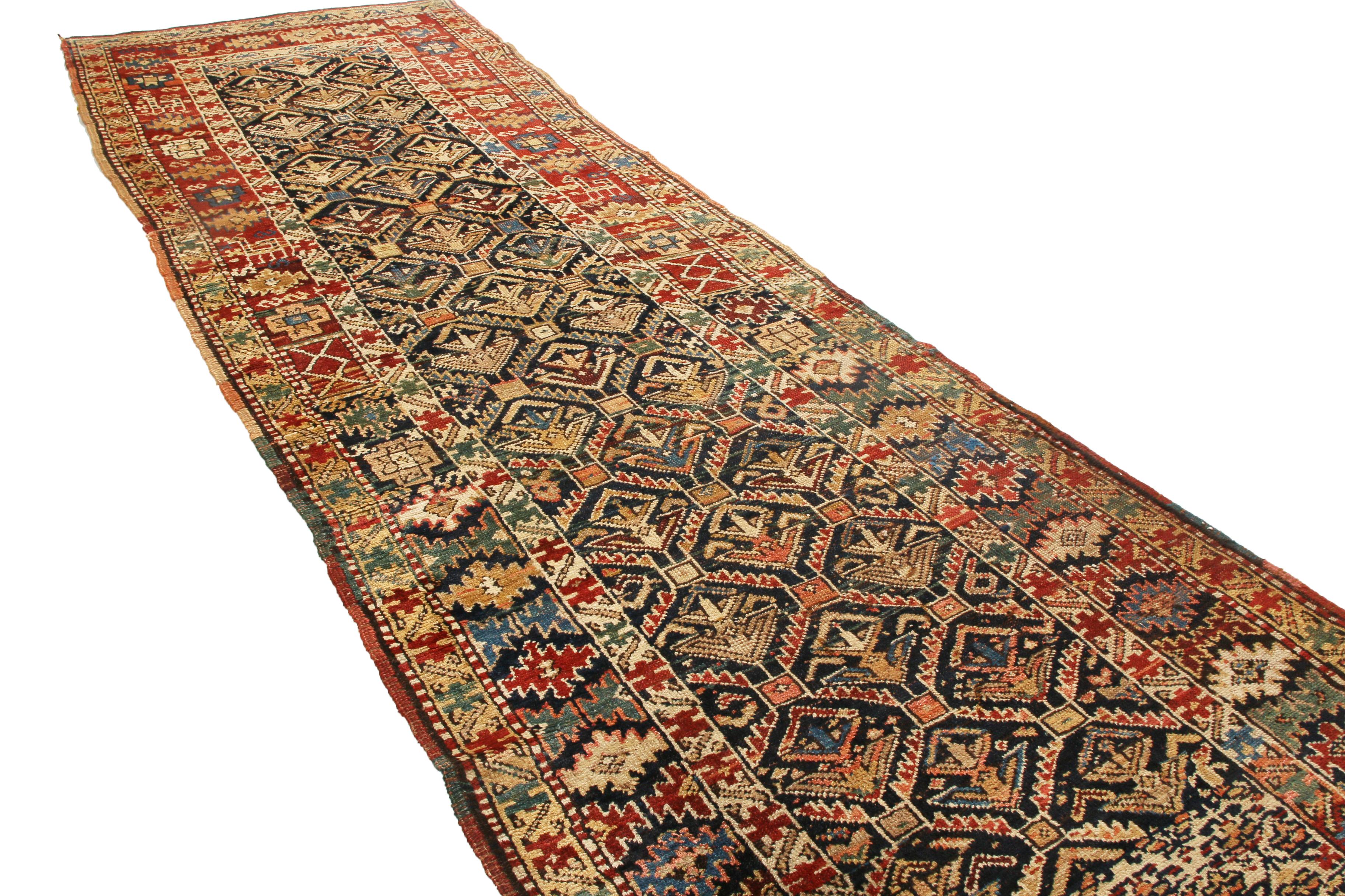 Rustic Antique Shirvan Red and Beige Geometric Wool Runner by Rug & Kilim For Sale