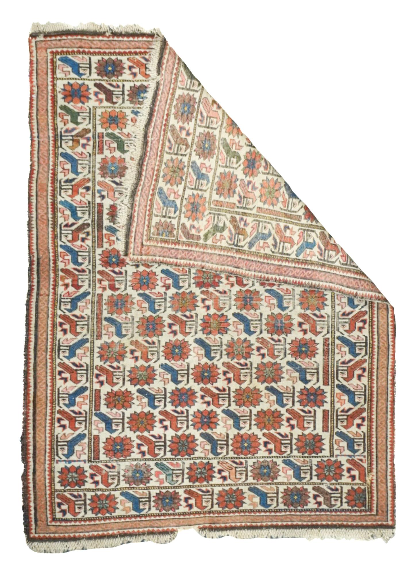 Tapis ancien Shirvan 3'2'' x 4'3''. Tapis du Caucase oriental et de l'ouest de la mer Caspienne, principalement dispersés, dans des dispositions géométriques, certains en forme de prière, provenant d'un large éventail de villages locaux. Les tapis