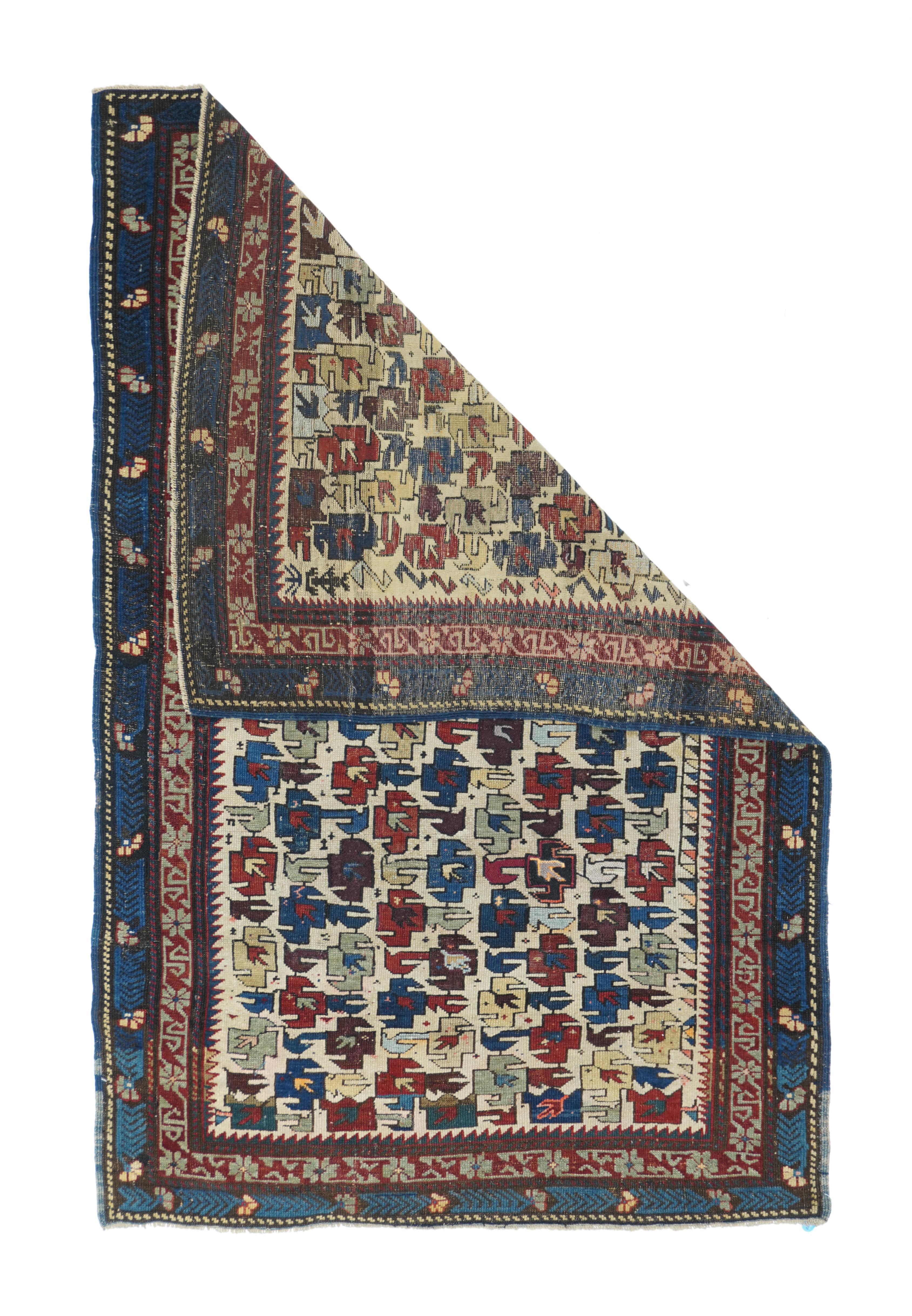 Antique Shirvan rug measures: 3'4'' x 5'3''.