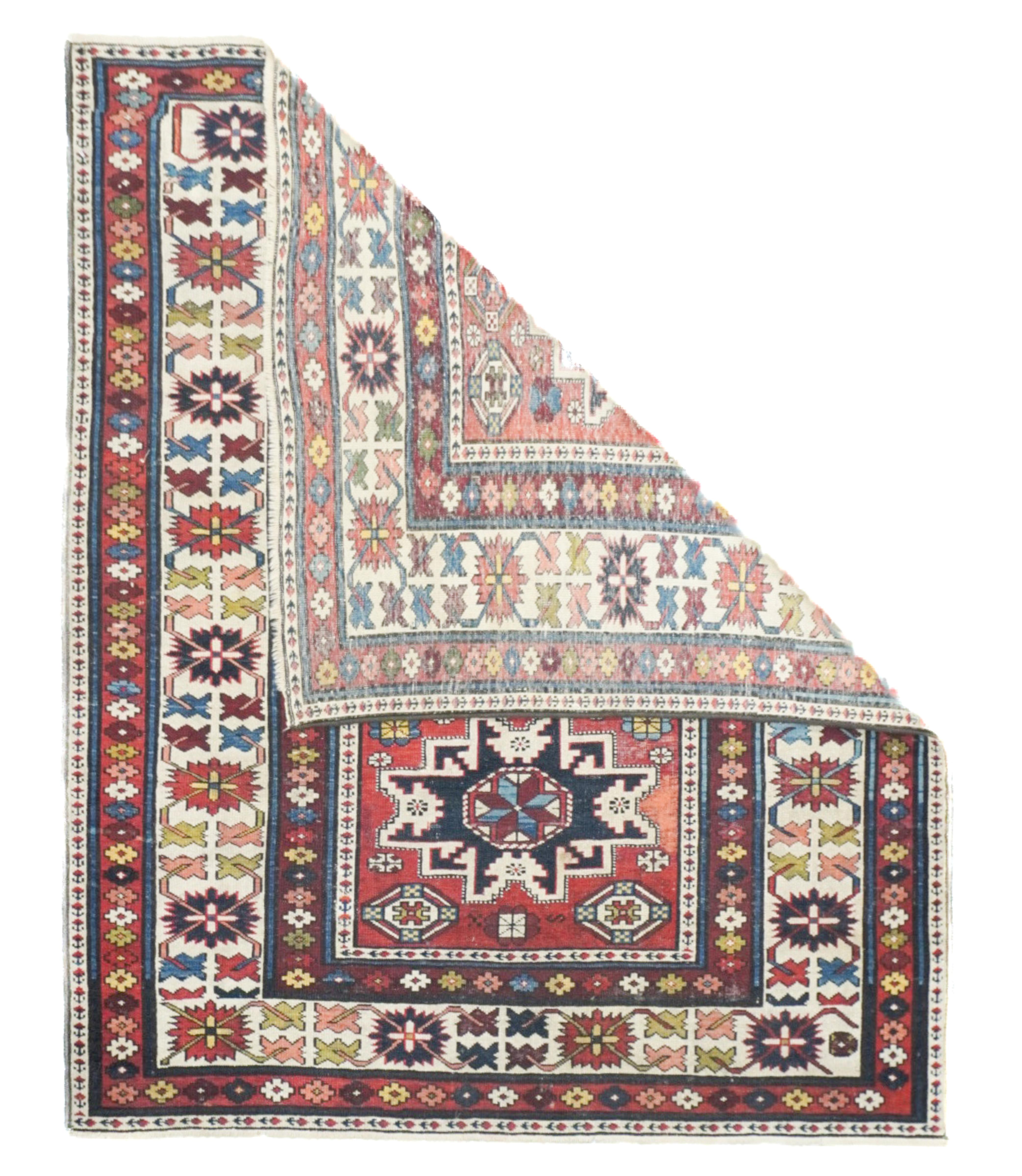 Antiker Schirwan-Teppich 3'8'' x 4'6''. Ostkaukasische, westkaspische kaukasische Teppiche, hauptsächlich Streuteppiche in geometrischen Mustern, einige Gebete, aus einer Vielzahl von Dörfern. Die Marasali-Gebetsteppiche gelten als die besten.