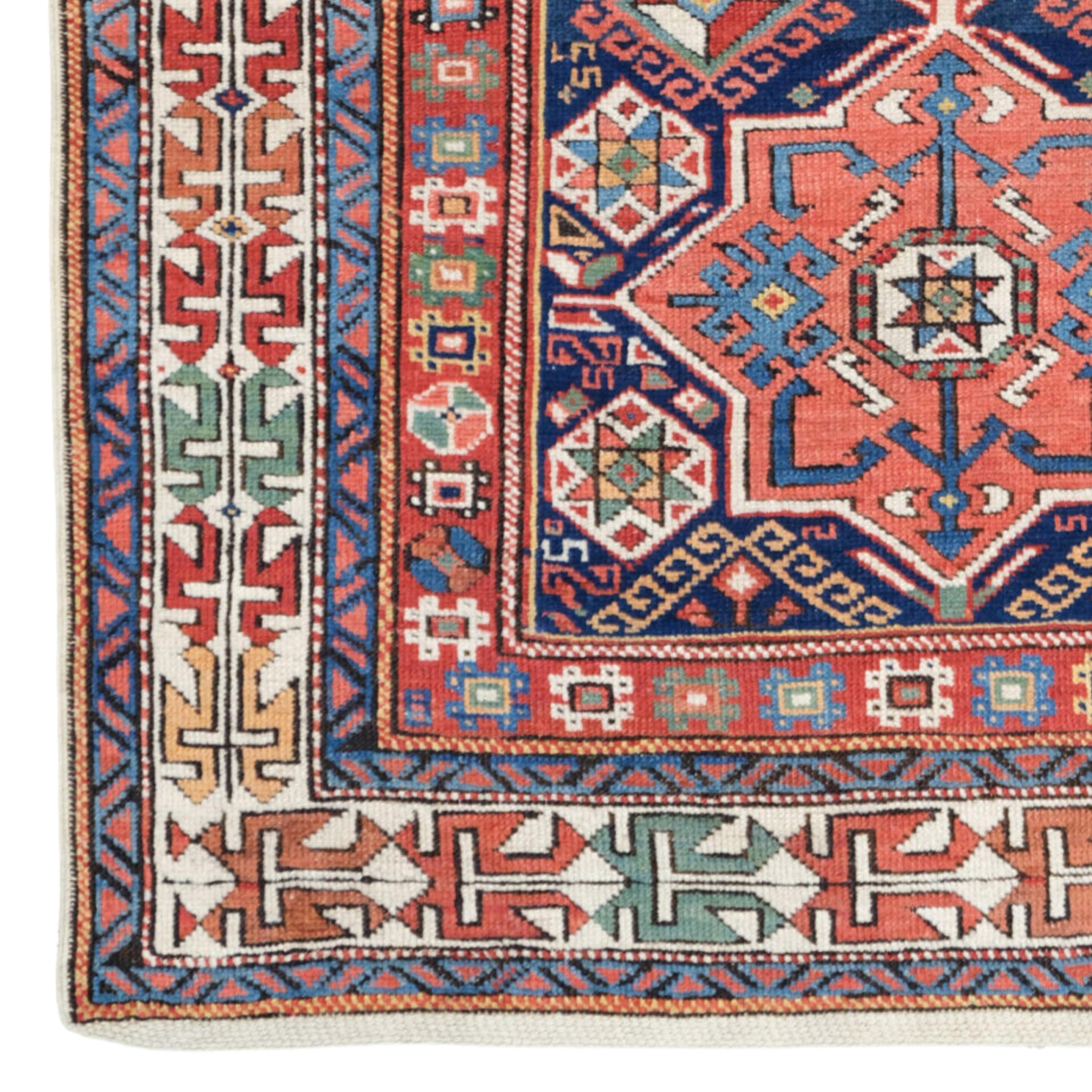 Antique Shirvan Rug 100 x 146 cm (39,3x57,4 In)

Antique Caucasian Shirvan star medallion rug from the Eastern Caucasus, Circa 1880.
This is an outstanding example of type, with three star medallions on a dark indigo blue field. The central