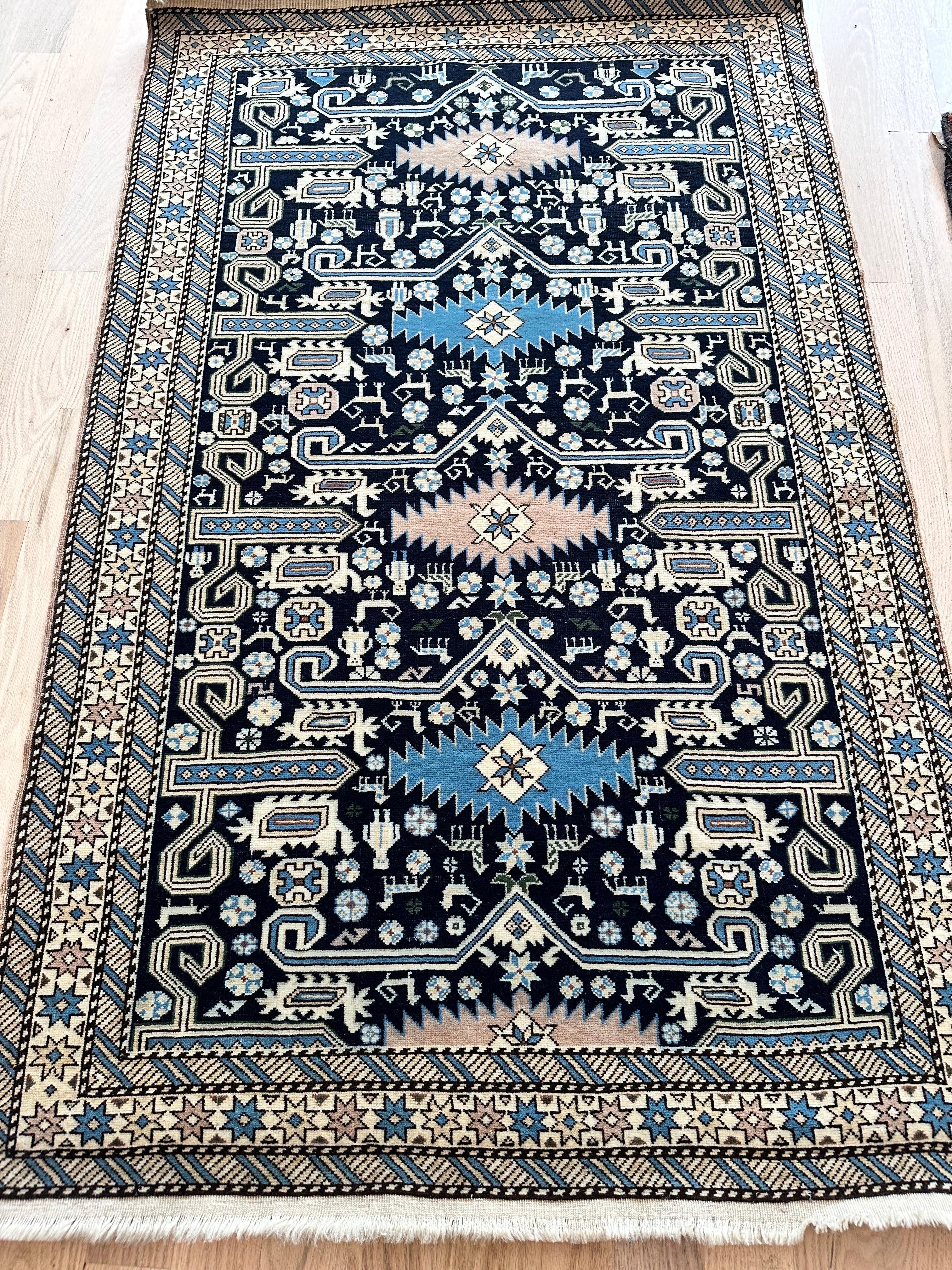 Antique Shirvan Rug, Hand Knotted Wool Oriental Rug Navy Blue, Light Blue, Ivory For Sale 4
