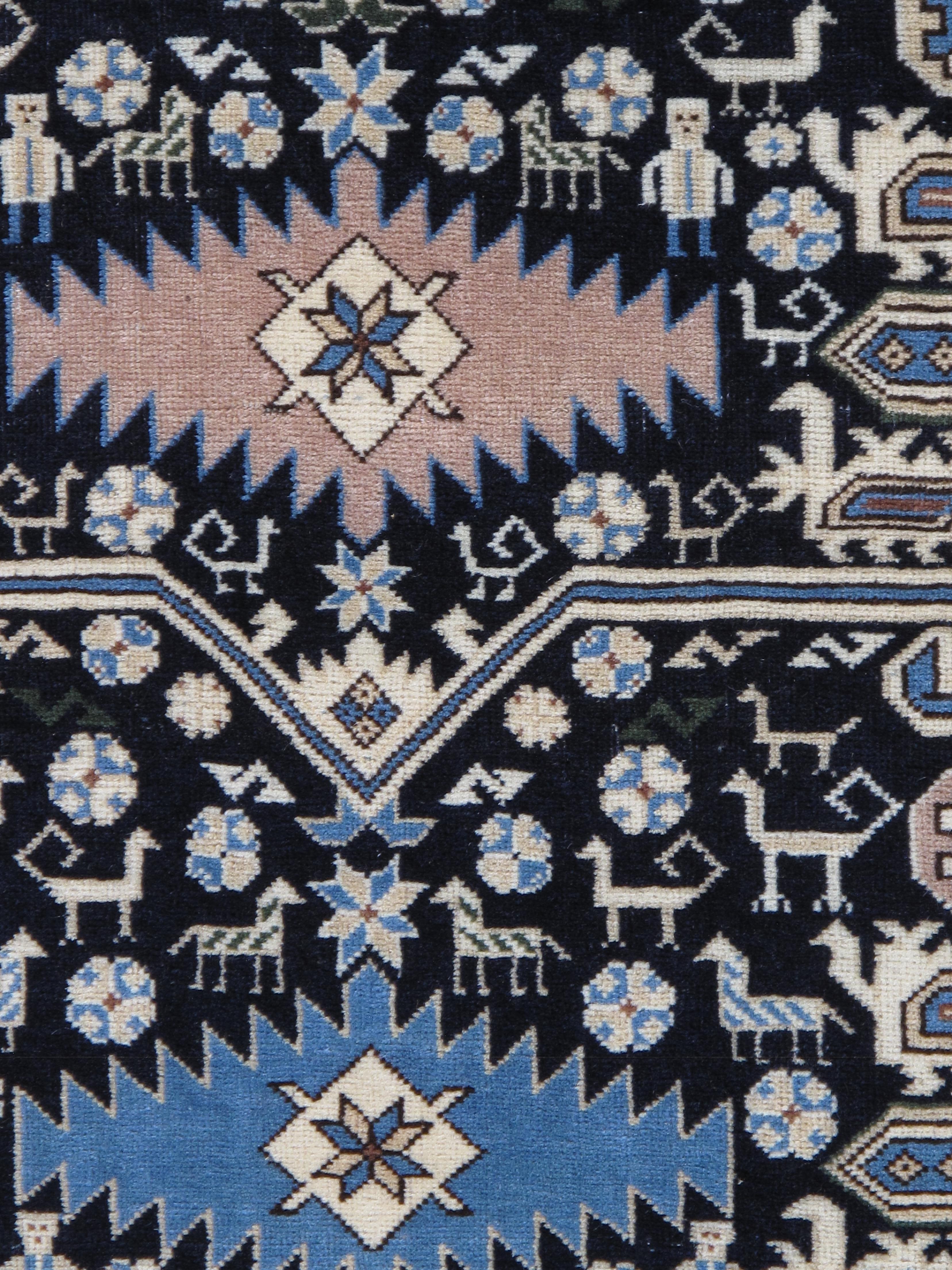 Russian Antique Shirvan Rug, Hand Knotted Wool Oriental Rug Navy Blue, Light Blue, Ivory For Sale