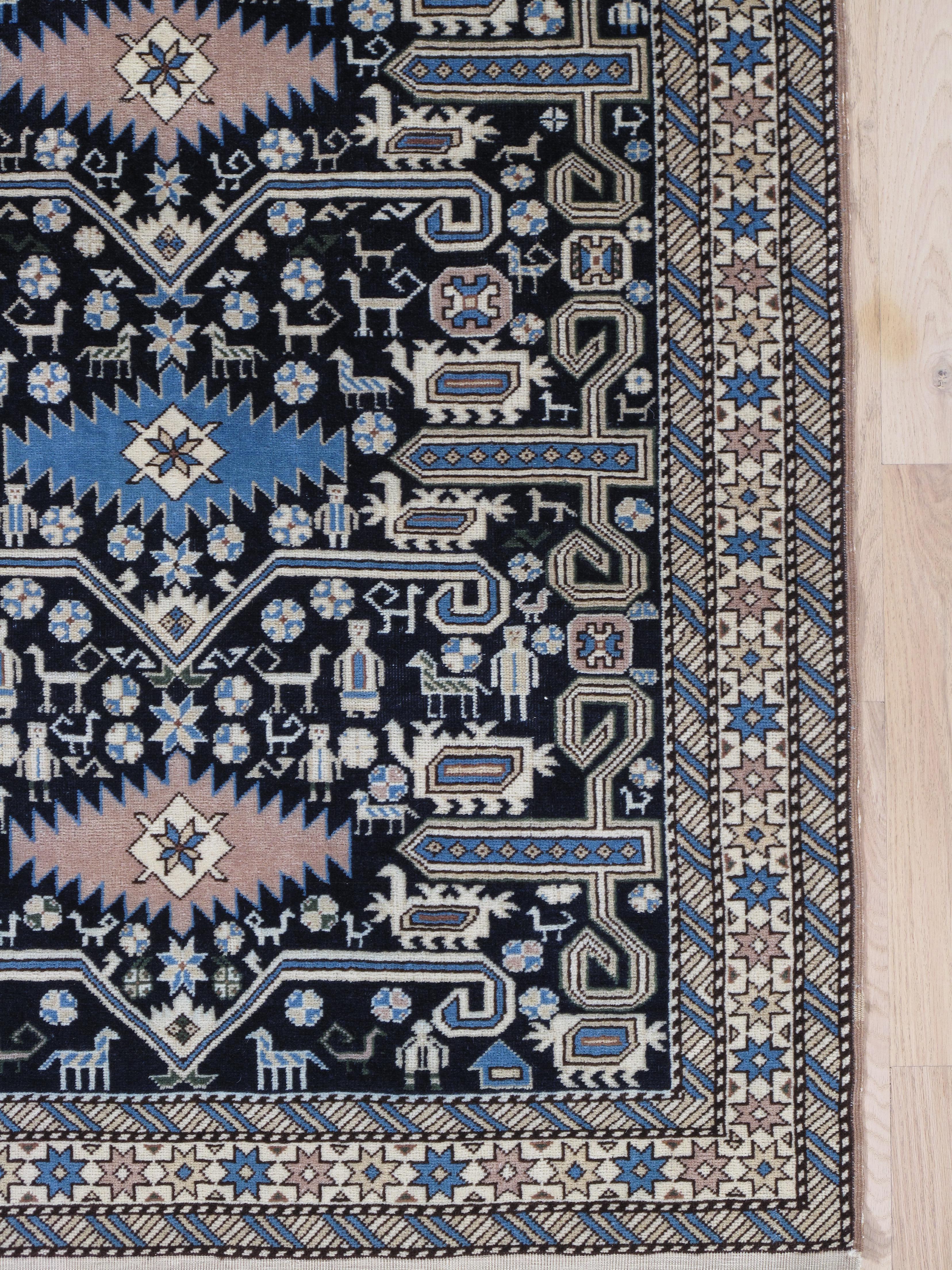 Hand-Knotted Antique Shirvan Rug, Hand Knotted Wool Oriental Rug Navy Blue, Light Blue, Ivory For Sale