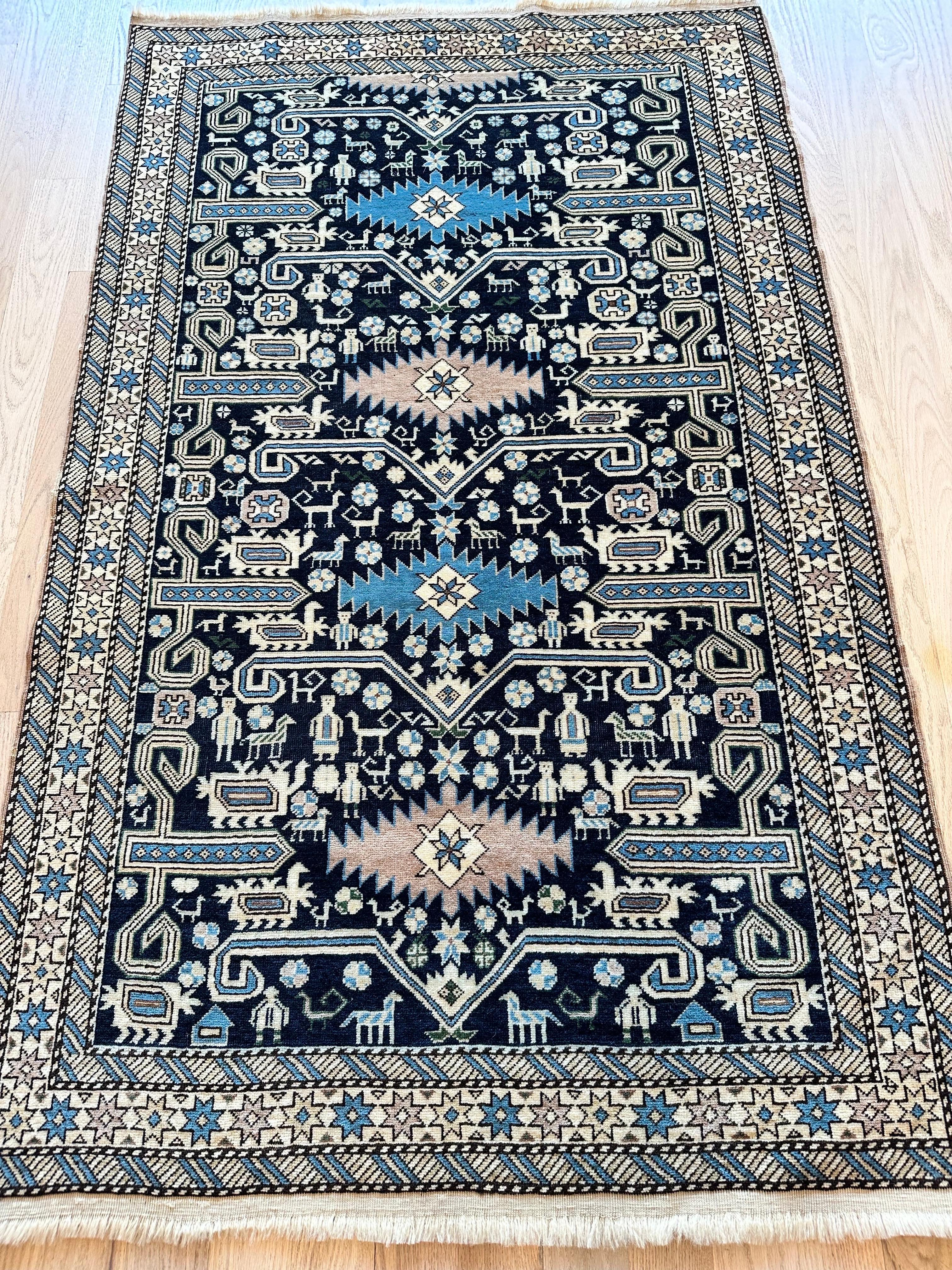 Antique Shirvan Rug, Hand Knotted Wool Oriental Rug Navy Blue, Light Blue, Ivory For Sale 2