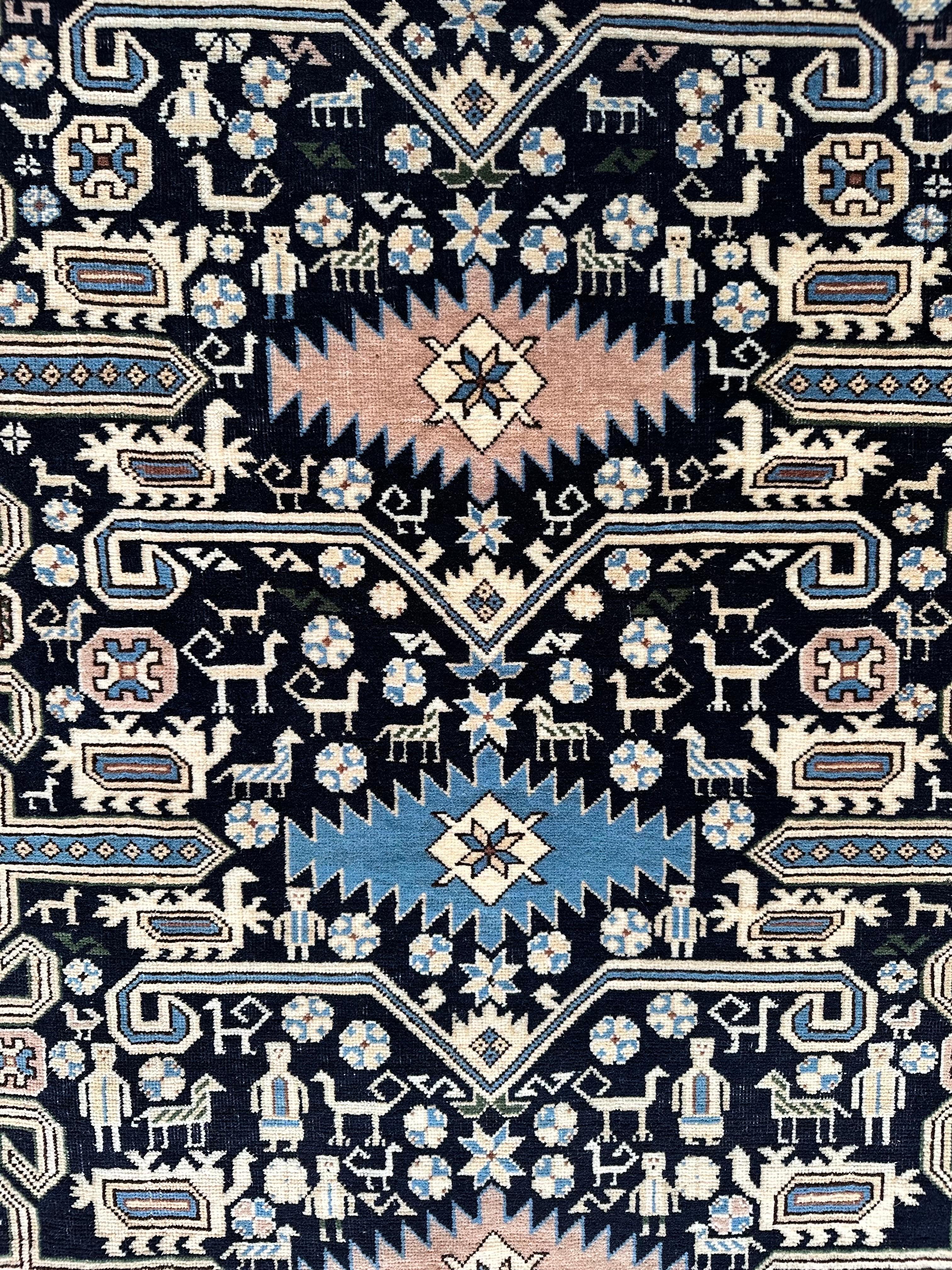 Antique Shirvan Rug, Hand Knotted Wool Oriental Rug Navy Blue, Light Blue, Ivory For Sale 3