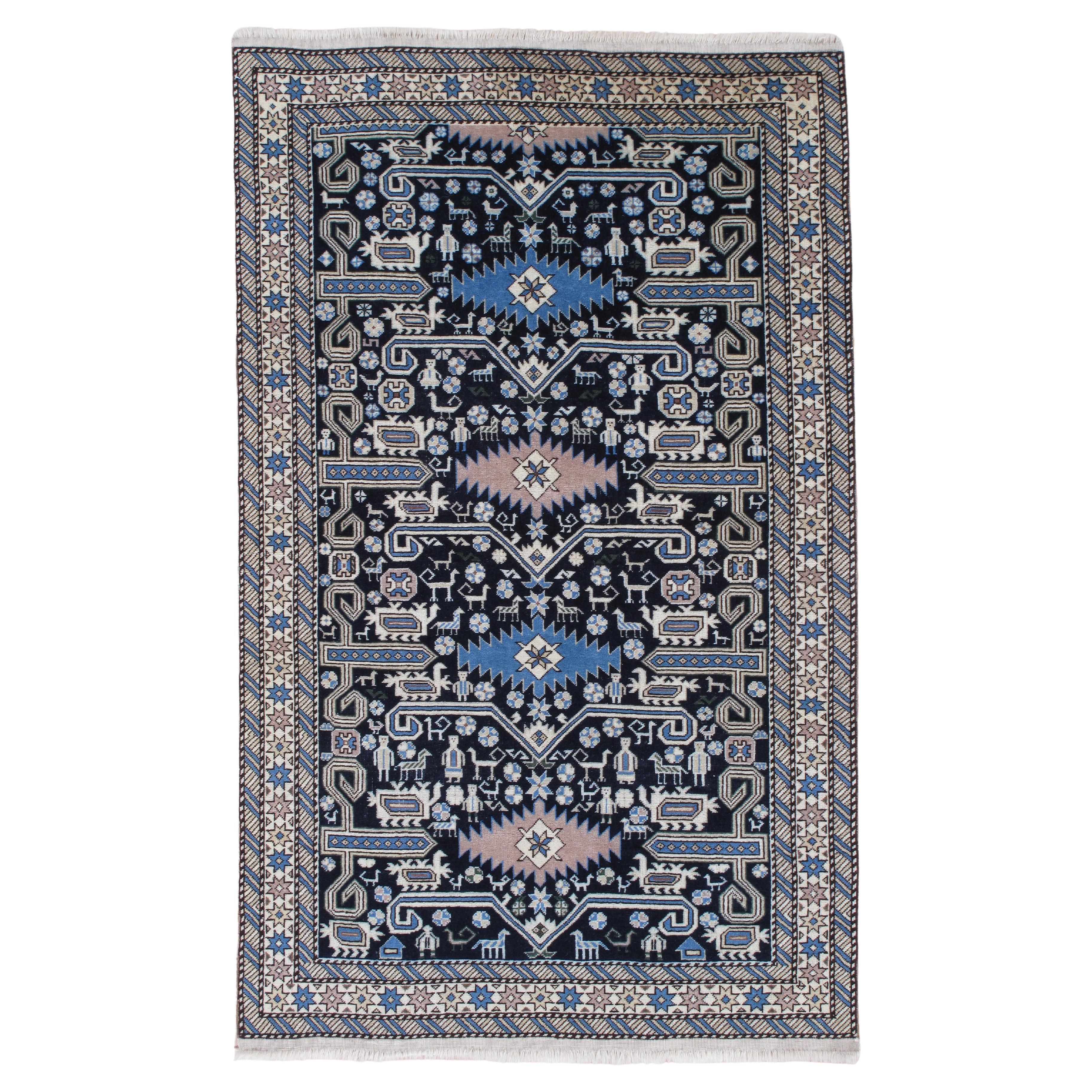 Antique Shirvan Rug, Hand Knotted Wool Oriental Rug Navy Blue, Light Blue, Ivory For Sale